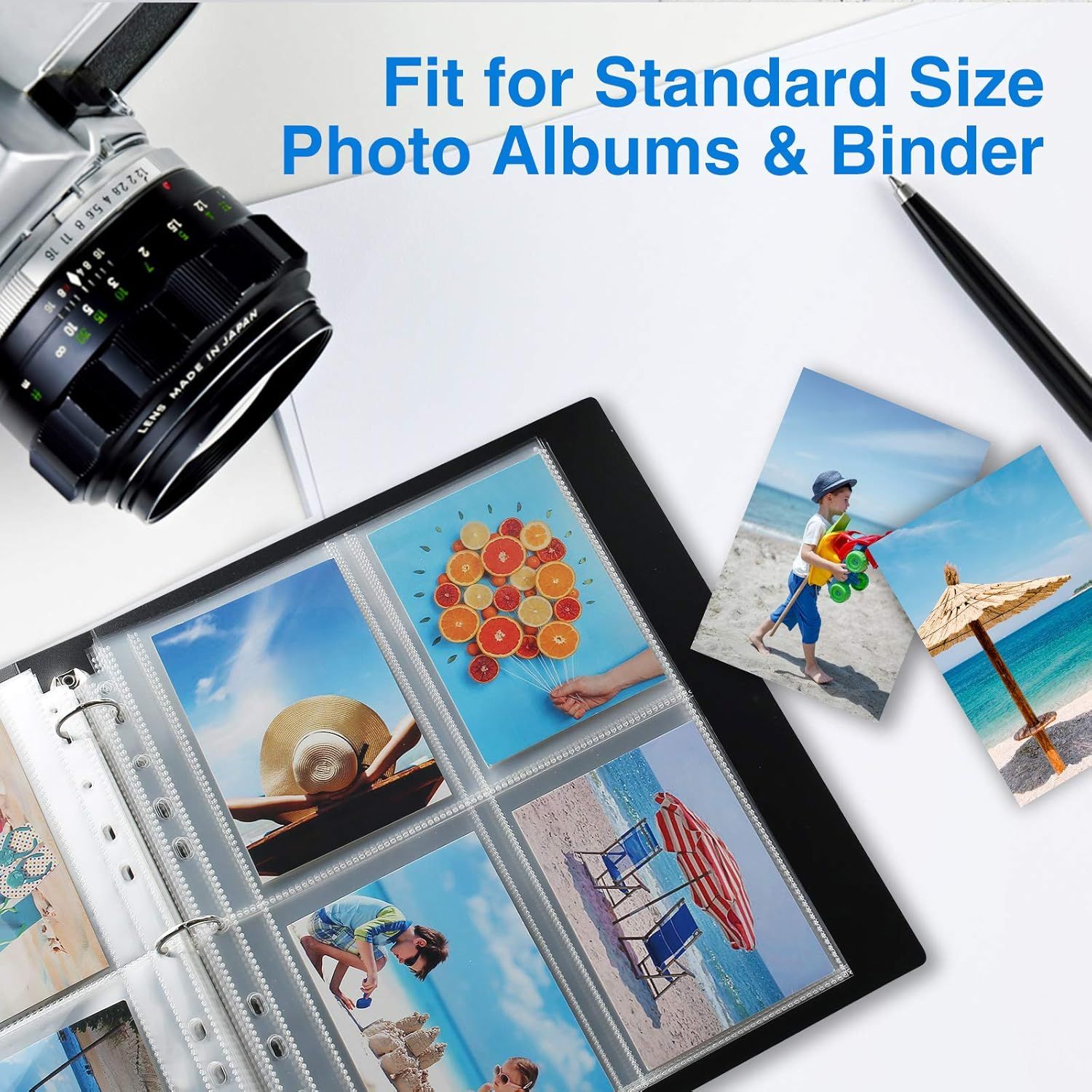 Communicates that the product fits standard size photo albums and binders, reassuring shoppers about compatibility with common storage systems. Highlights the key benefit that these photos work with…