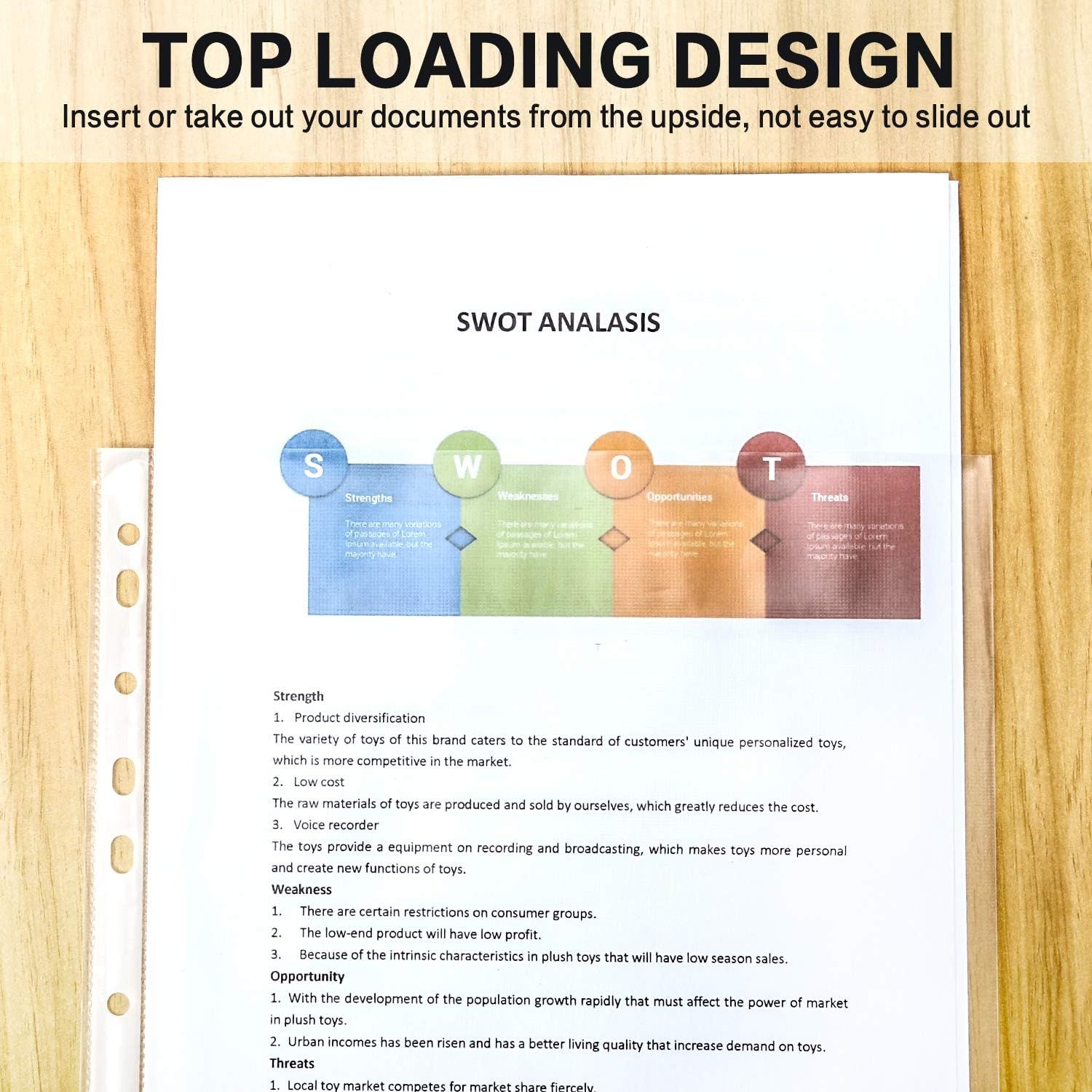 Highlights the top-loading design feature of the product, emphasizing that documents can be inserted or removed from the top and are secure (not easy to slide out), reassuring shoppers of…