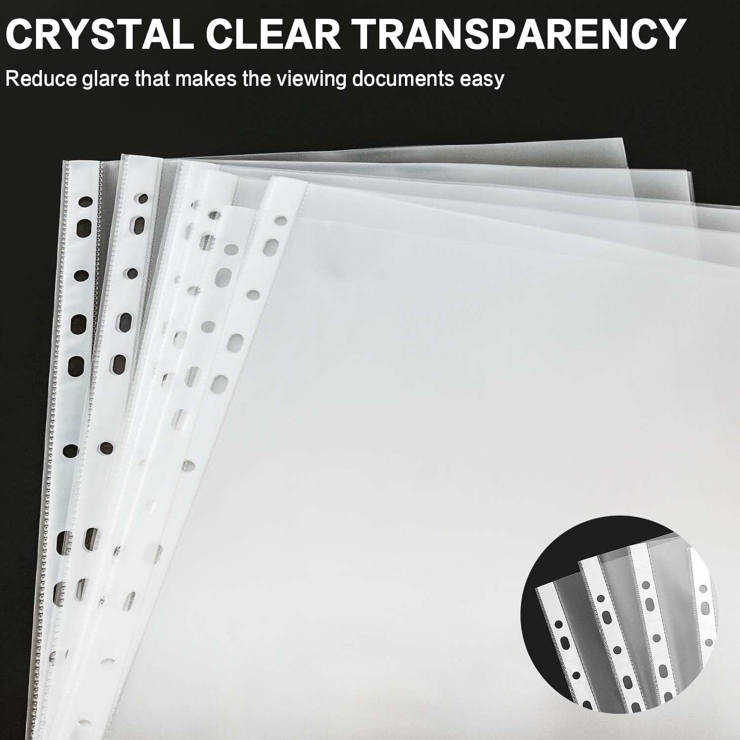 Highlights the product's crystal clear transparency and glare-reduction properties to reassure shoppers that documents will be easy to view through these sheet protectors.