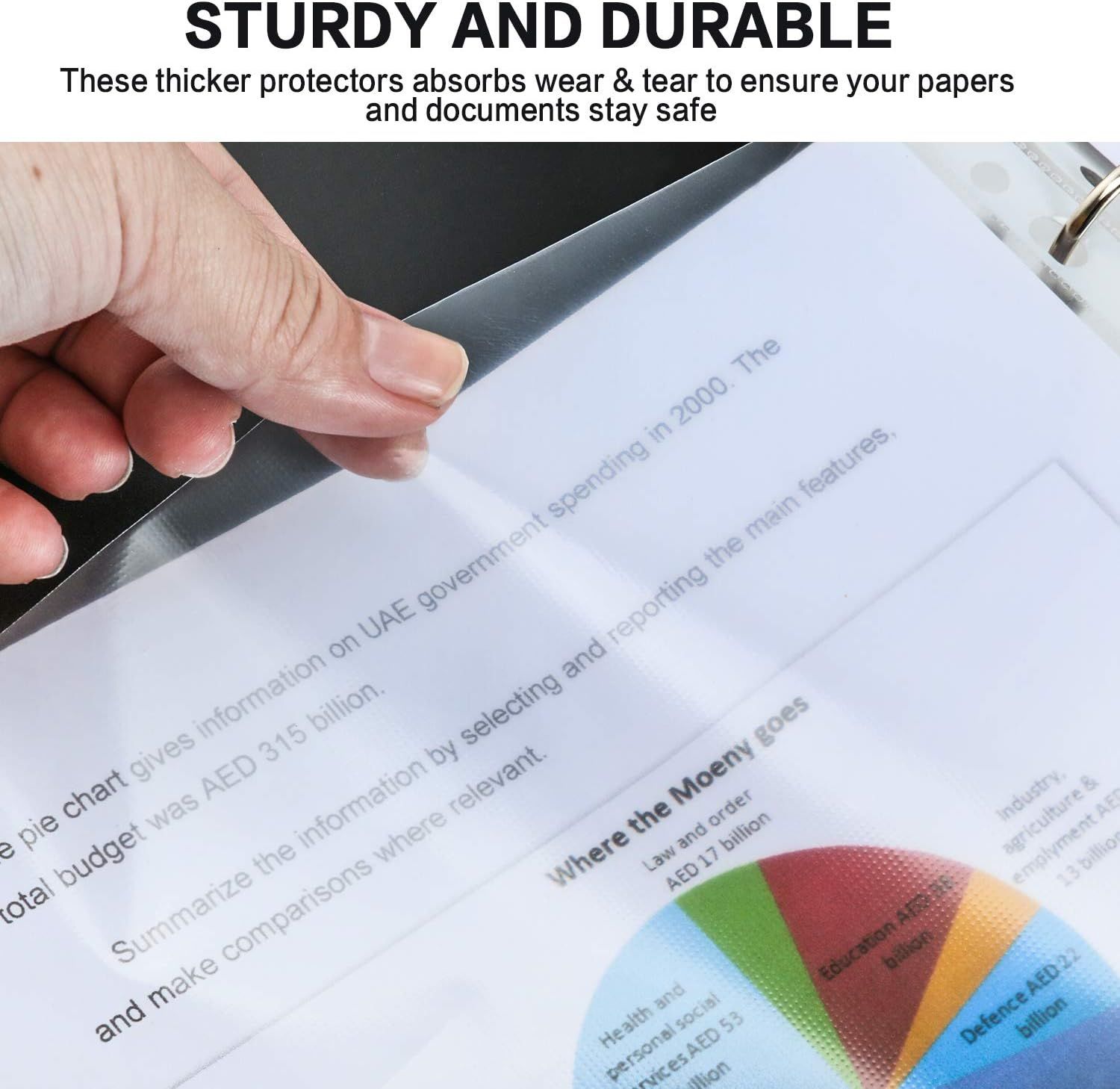 Communicates that the thicker protectors are durable and absorb wear and tear to keep papers and documents safe, reassuring shoppers about product quality and longevity.