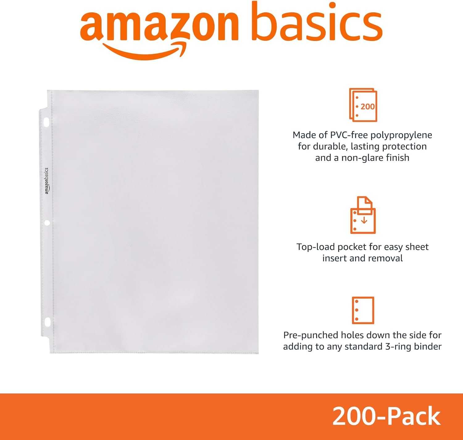 Communicates multiple key benefits of the sheet protectors in a segmented layout: durable material, easy insertion/removal, and binder compatibility to help shoppers understand the product's…