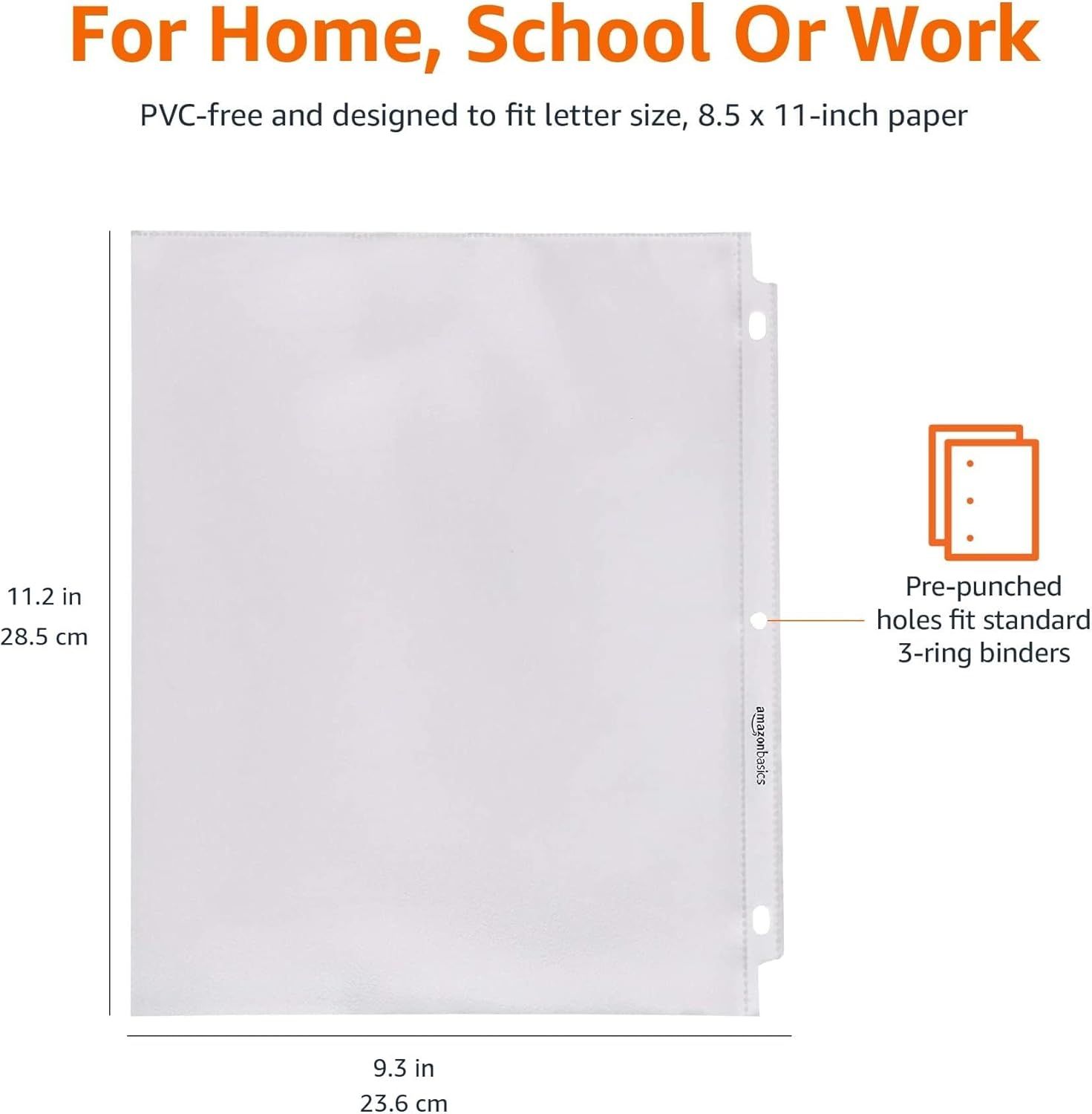 Communicates the exact physical dimensions of the product (11.2 x 9.3 inches) and confirms it fits standard letter-size paper and 3-ring binders, helping shoppers verify compatibility with their…