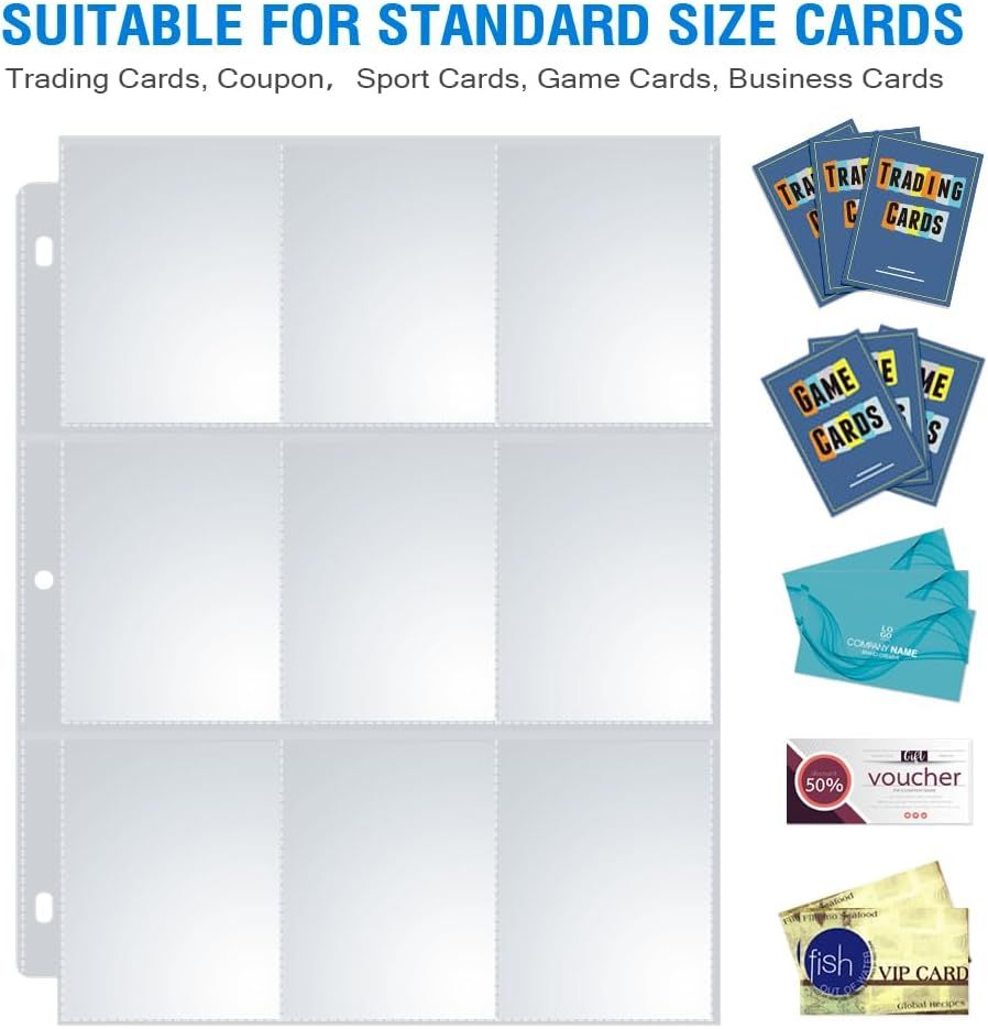 Demonstrates the multiple types of cards this product can hold (trading cards, game cards, business cards, coupons, vouchers) to show versatility and broad compatibility.