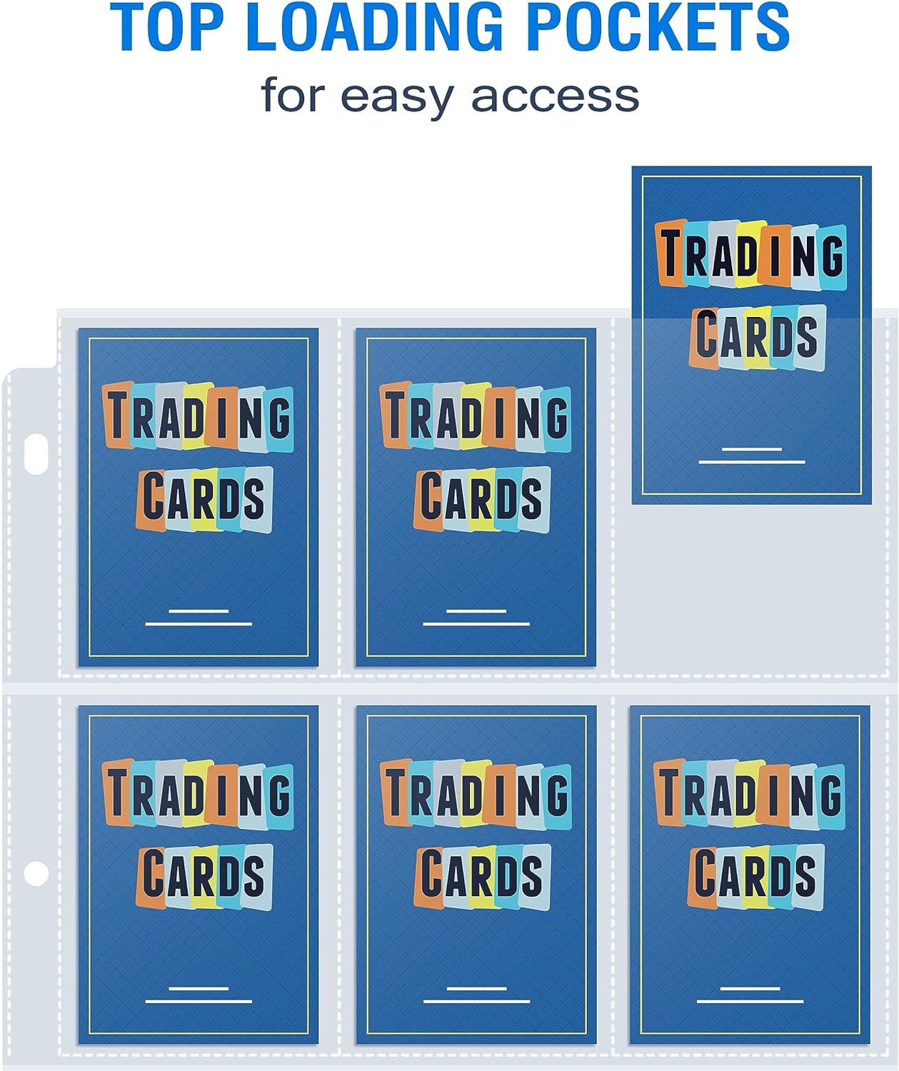 Highlights the top-loading pocket design of the trading card storage pages, emphasizing easy access and convenient organization for collectors.