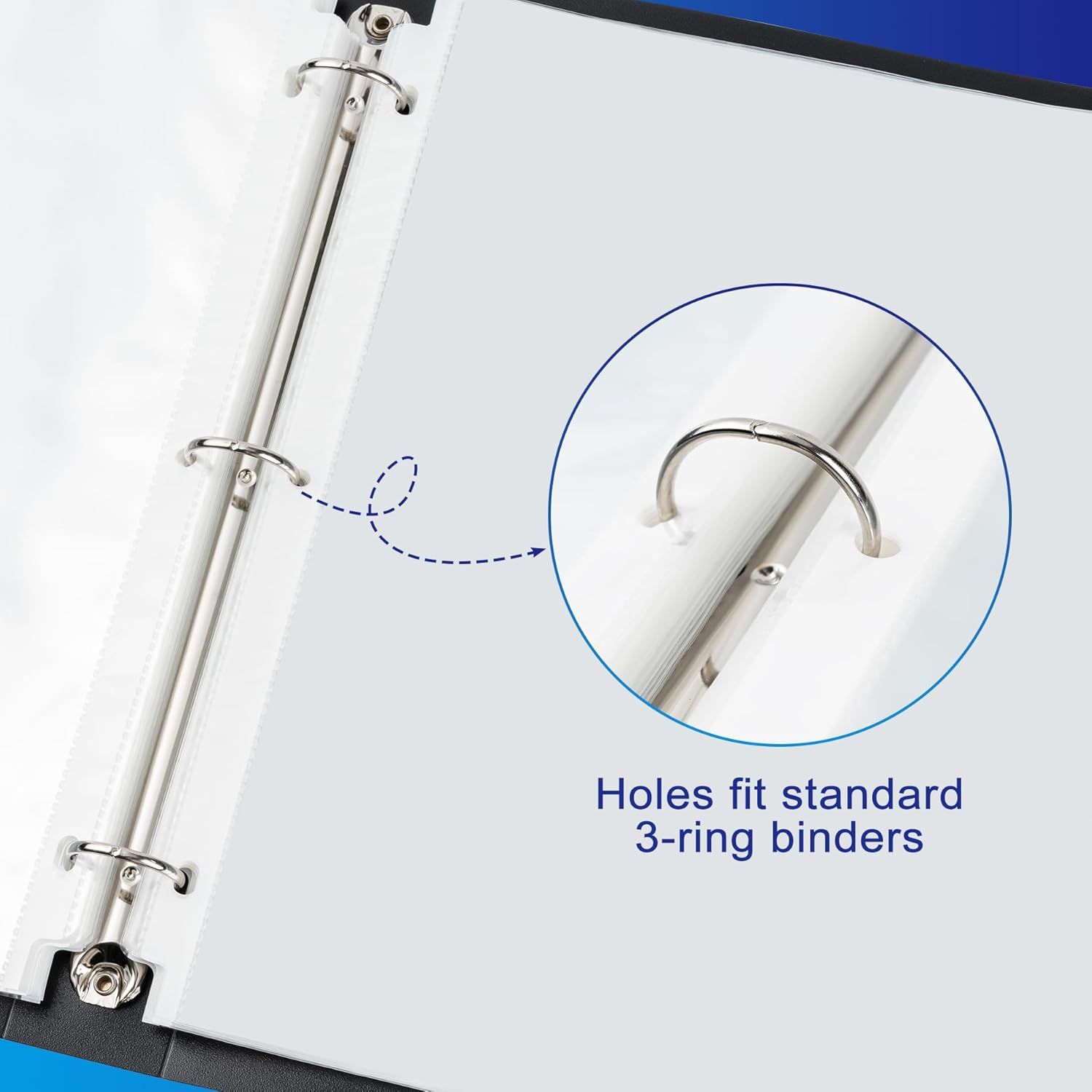 Communicates that the product's hole-punched pages are compatible with standard 3-ring binders, reassuring shoppers about universal fit and ease of organization. Highlights the single benefit of…