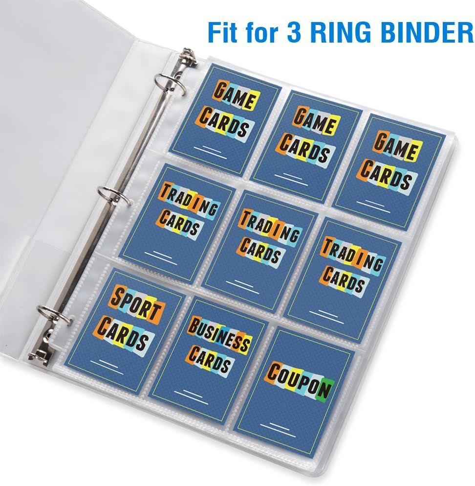 Communicates that the card storage pages are designed to fit standard 3-ring binders, reassuring shoppers about compatibility and ease of organization. Highlights the key benefit that these card…