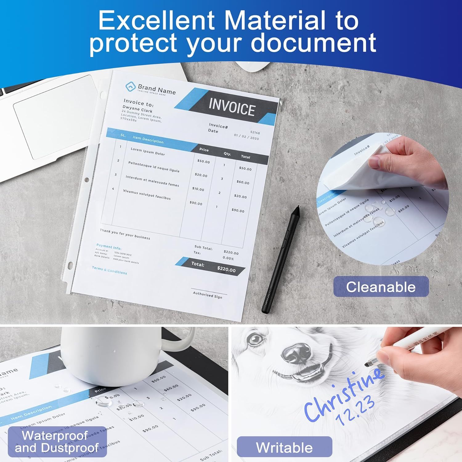 Communicates multiple protective and functional benefits of the document sleeve or protector, showing it protects documents while remaining waterproof, cleanable, and writable.