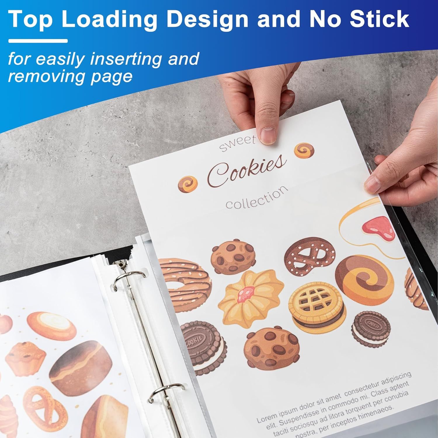 Demonstrates how the top-loading design allows users to easily insert and remove pages from the binder without sticking, emphasizing ease of use and convenience. Highlights the product's…