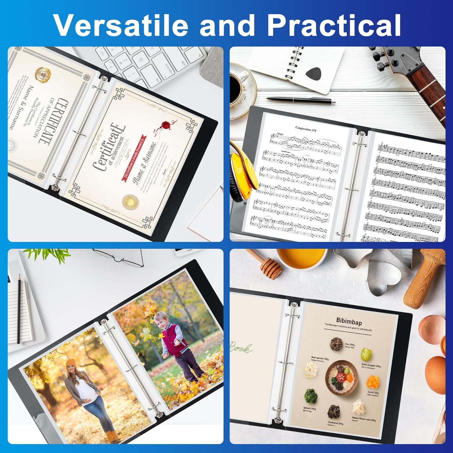 Demonstrates the product's versatility by showing four distinct use scenarios—storing certificates, organizing sheet music, creating photo albums, and compiling recipes—to communicate that this…