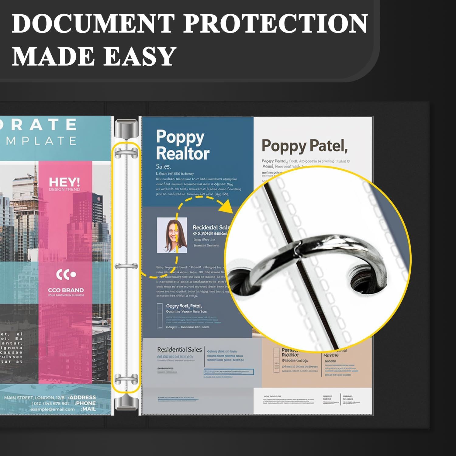 Communicates that the product provides easy and secure document protection through its binding mechanism, reassuring shoppers that their documents will be safely held together.