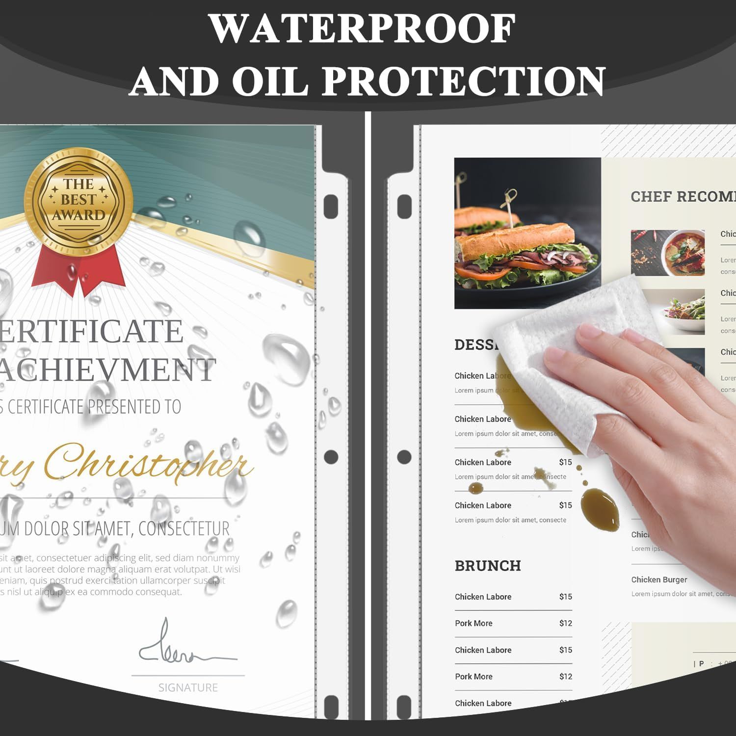 Demonstrates the product's waterproof and oil-resistant properties to reassure shoppers that it protects documents and menus from liquid damage.