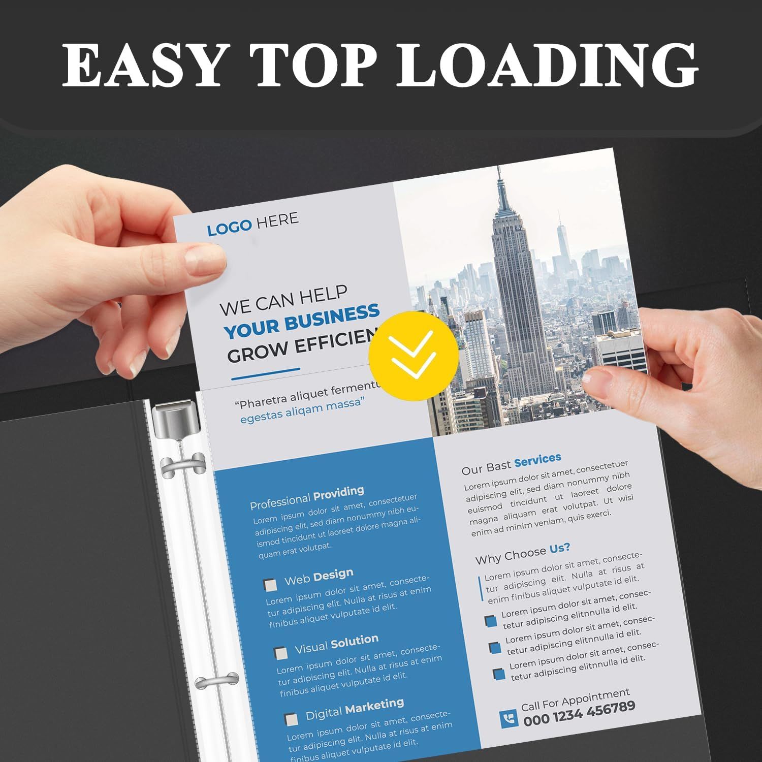 Communicates that the product features an easy top-loading mechanism, making it convenient and user-friendly for loading documents or materials.