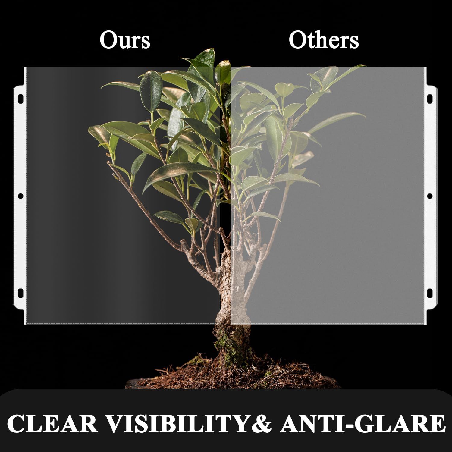 Demonstrates the product's superior clarity and anti-glare properties compared to competing products by showing a side-by-side visual comparison where 'Ours' provides clear visibility while 'Others'…
