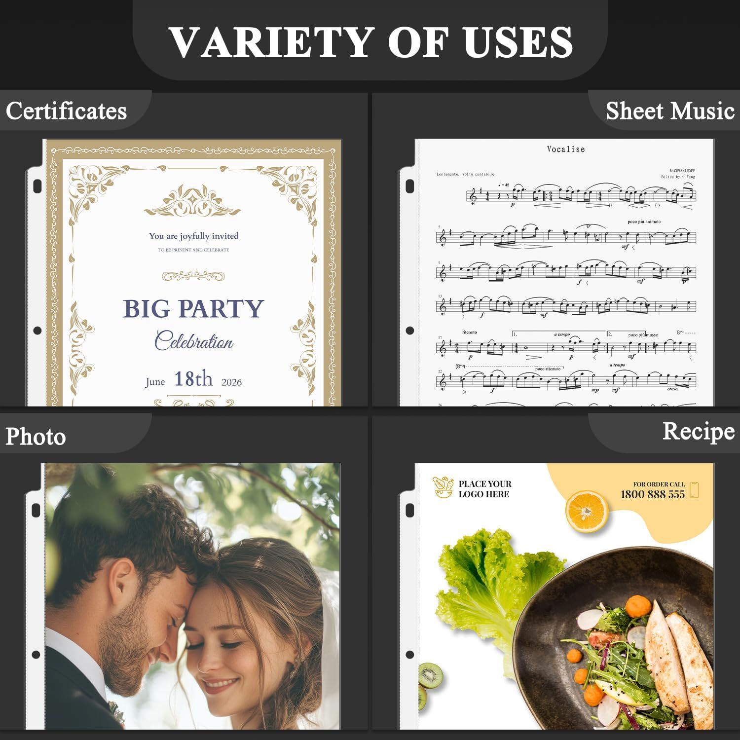Demonstrates the product's versatility by showing it can be used for multiple different purposes—storing certificates, sheet music, photos, and recipes—reassuring shoppers of its multi-functional…
