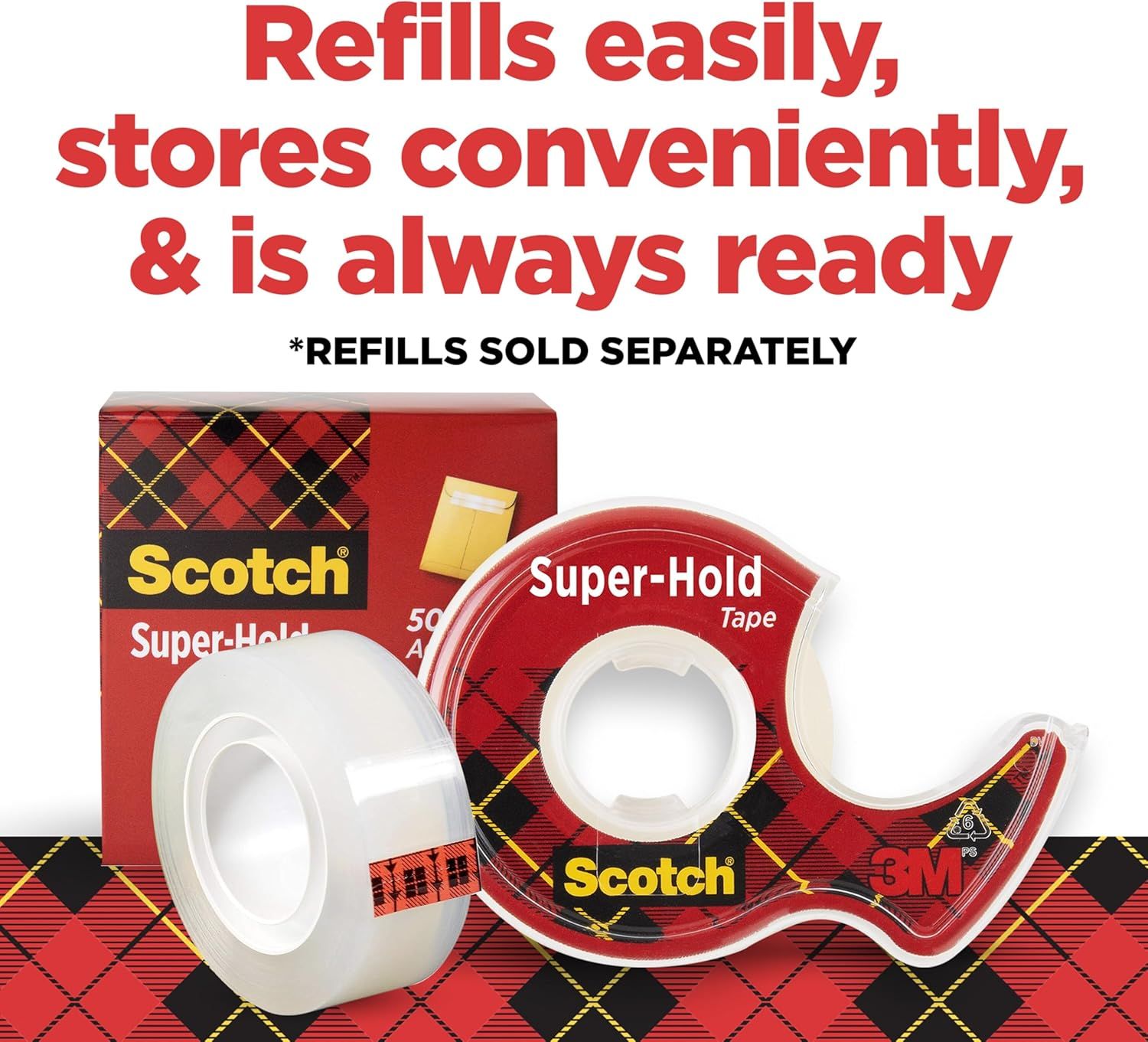 Communicates that the tape dispenser system is refillable and convenient, reassuring shoppers that they can easily replace tape rolls and keep the dispenser ready for use.