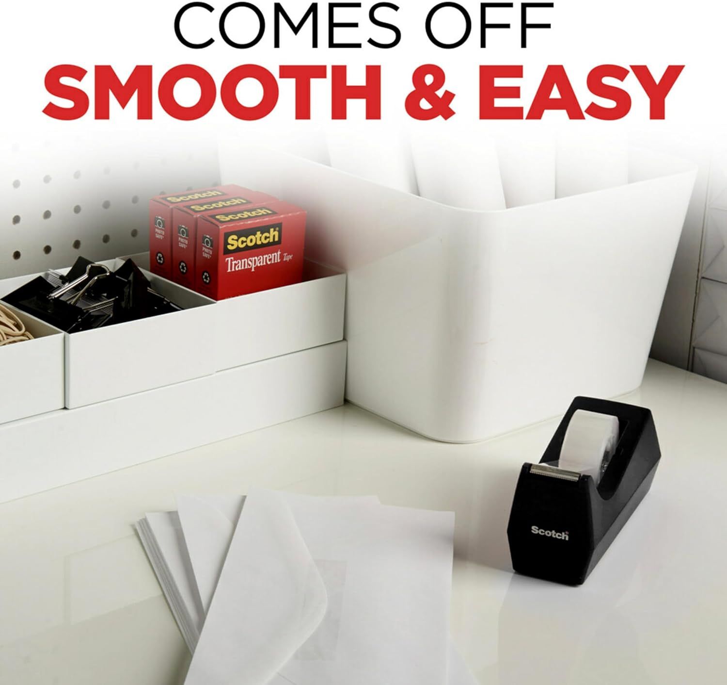 Communicates that the tape dispenses smoothly and easily, reassuring shoppers of a frustration-free user experience.