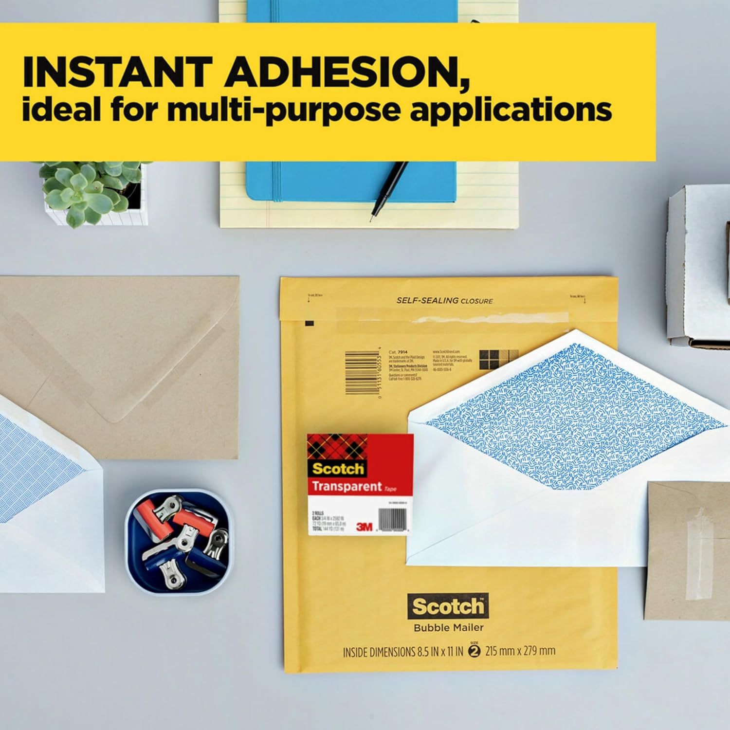 Demonstrates the product's versatility by showing it in multiple real-world contexts (envelopes, notebooks, office supplies, mailing materials) to communicate that it works for various applications.…