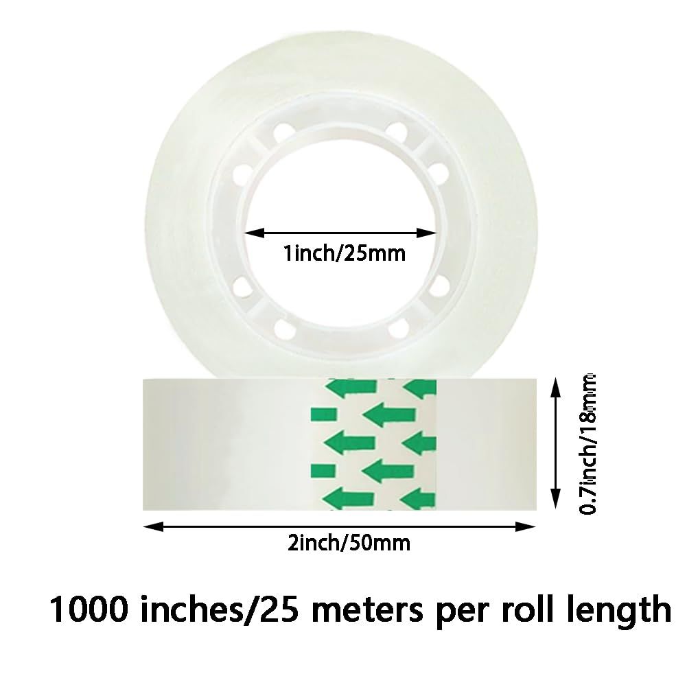 Communicates the exact physical dimensions of the product (1 inch/25mm inner diameter, 2 inch/50mm width, 0.7 inch/18mm height) and roll length (1000 inches/25 meters) to help shoppers understand…