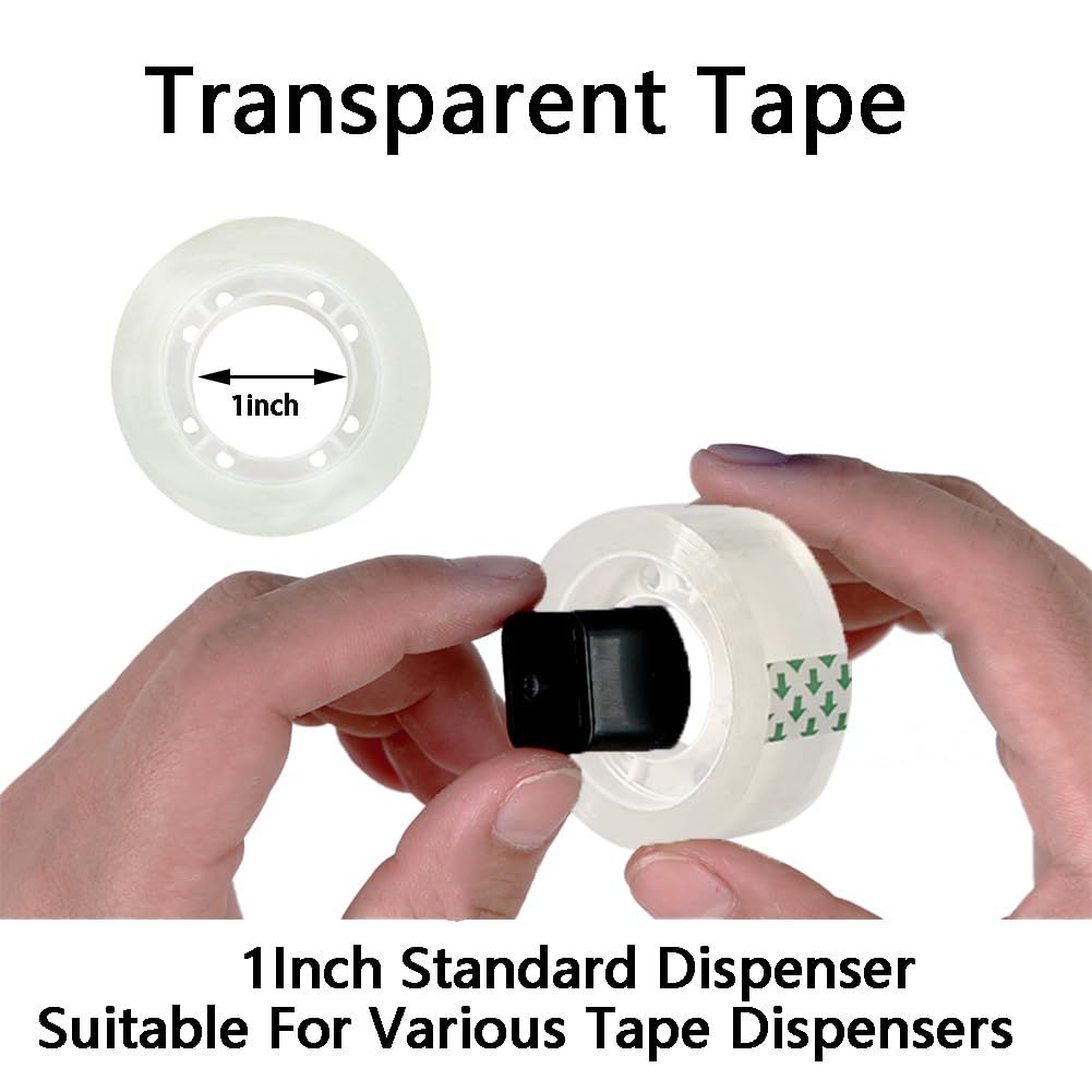 Communicates the physical dimensions of the tape roll (1 inch core) to reassure shoppers it will fit standard tape dispensers. Highlights that this transparent tape fits various tape dispensers,…