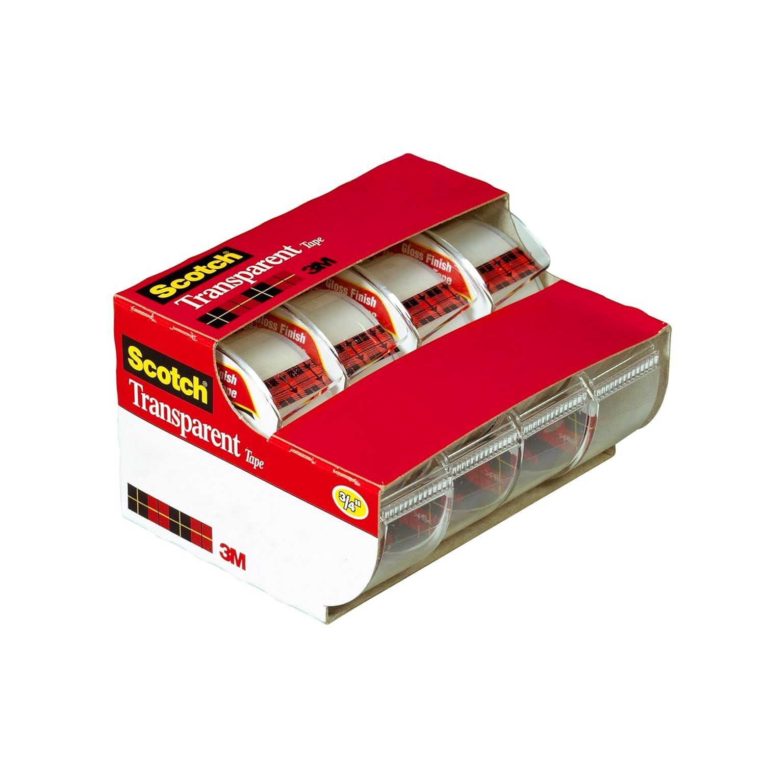Shows the customer exactly what they receive in the package: multiple rolls of Scotch Transparent Tape in a convenient dispenser box.