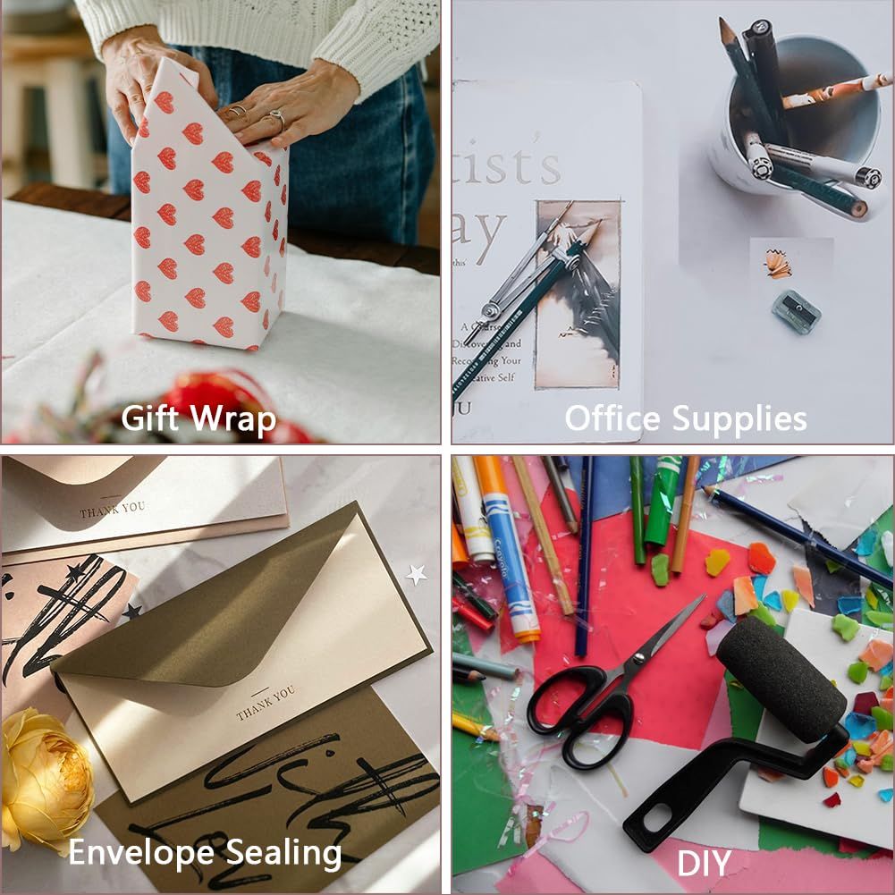 Demonstrates the brand's product versatility by showcasing multiple applications including gift wrap, office supplies, envelope sealing, and DIY crafts to help shoppers understand the range of uses.