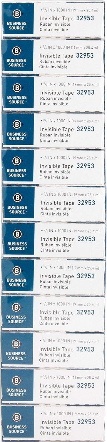 Shows the customer they are receiving a 12-pack bundle of invisible tape, with clear product identification and dimensions visible on each unit.