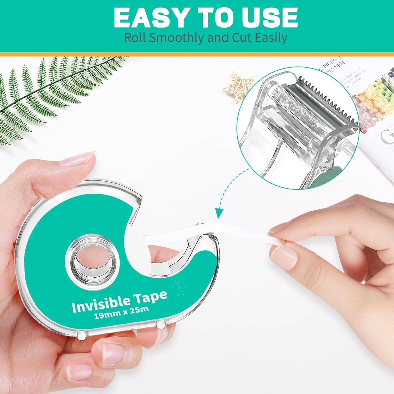 Demonstrates how to use the invisible tape dispenser by showing the simple process of rolling out and cutting the tape, reassuring shoppers that the product is user-friendly and convenient.…