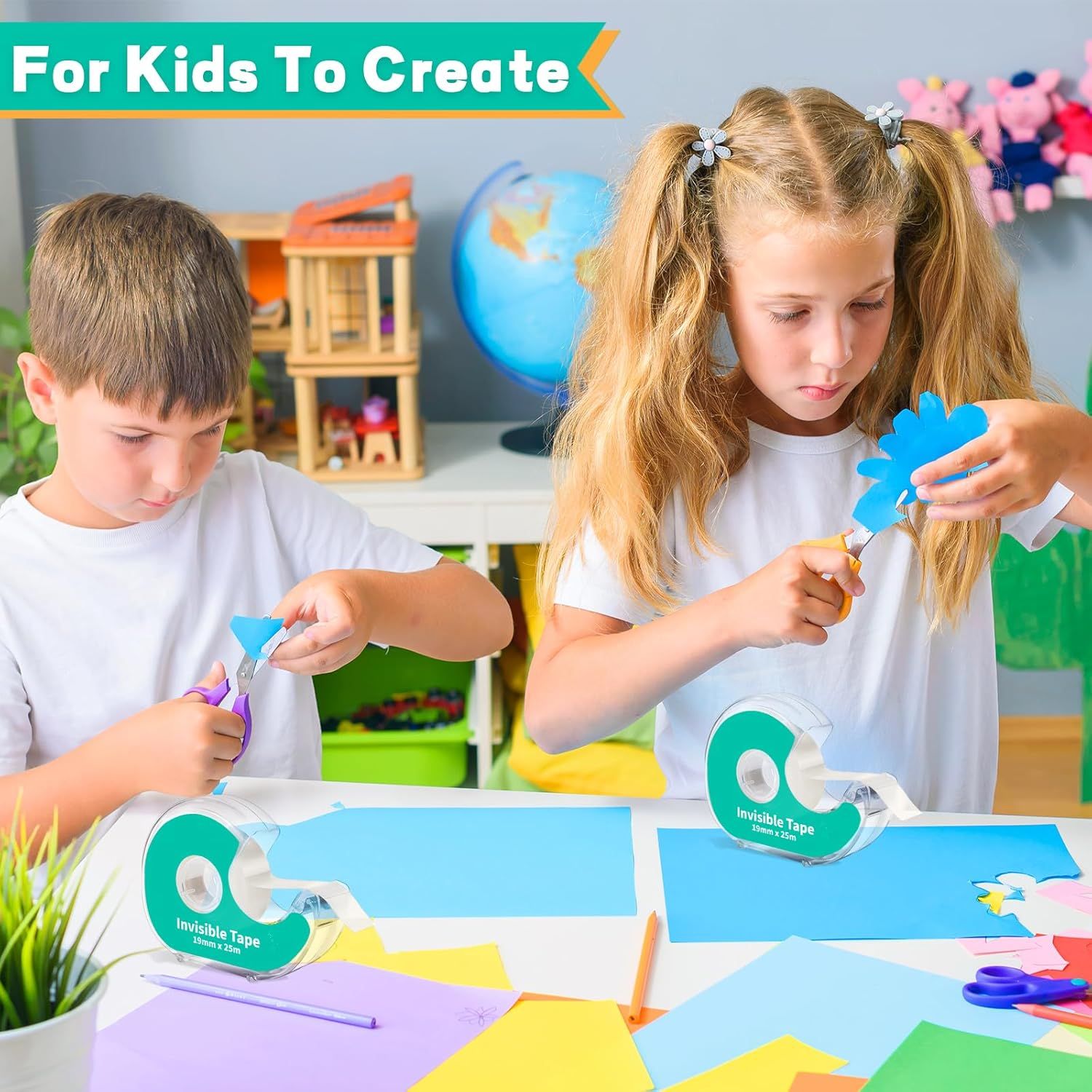 Demonstrates the product's use in a creative, kid-friendly arts and crafts setting, showing children actively using the invisible tape to make colorful paper crafts and projects. Shows the product…