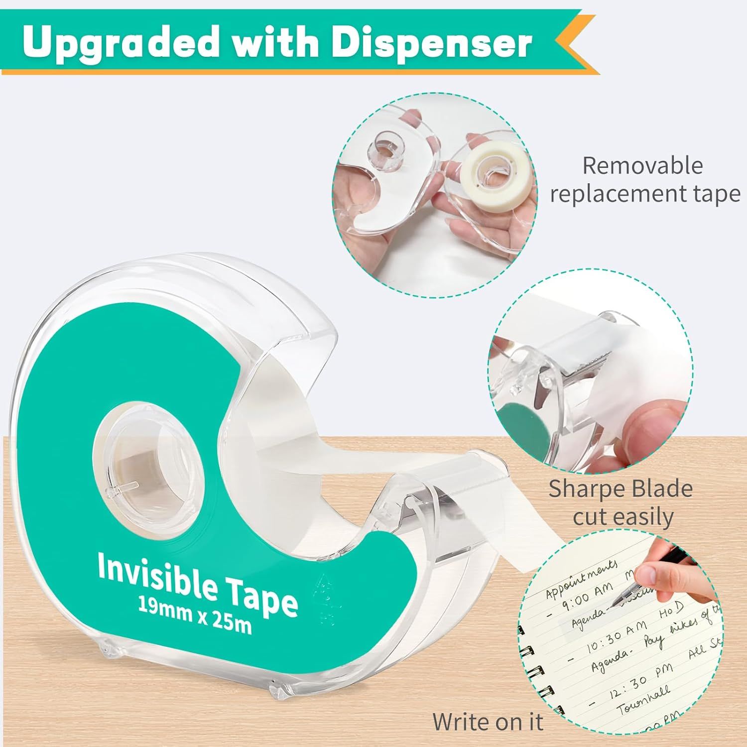 Highlights three distinct benefits of the upgraded tape dispenser: the convenience of removable replacement tape, the sharp blade for easy cutting, and the ability to write on the tape for labeling…