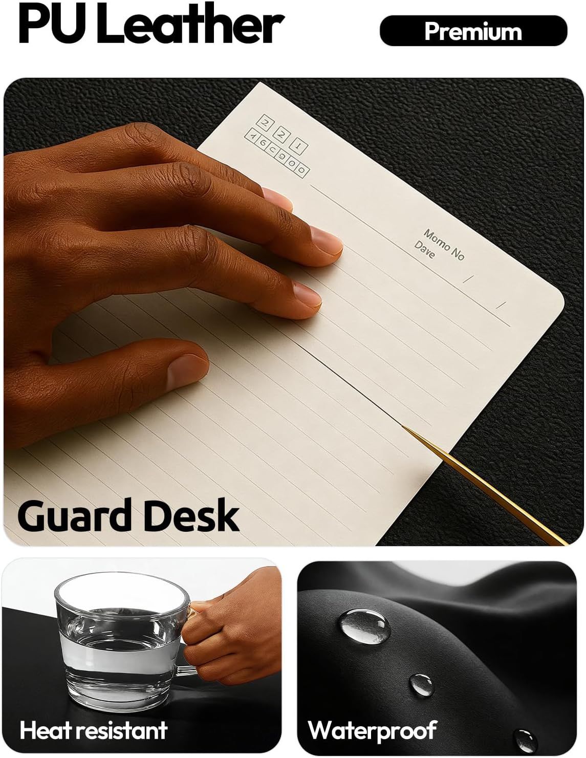 Demonstrates multiple protective benefits of the PU leather desk mat, showing it guards the desk surface, resists heat from hot items, and repels water to reassure shoppers of its durability and…