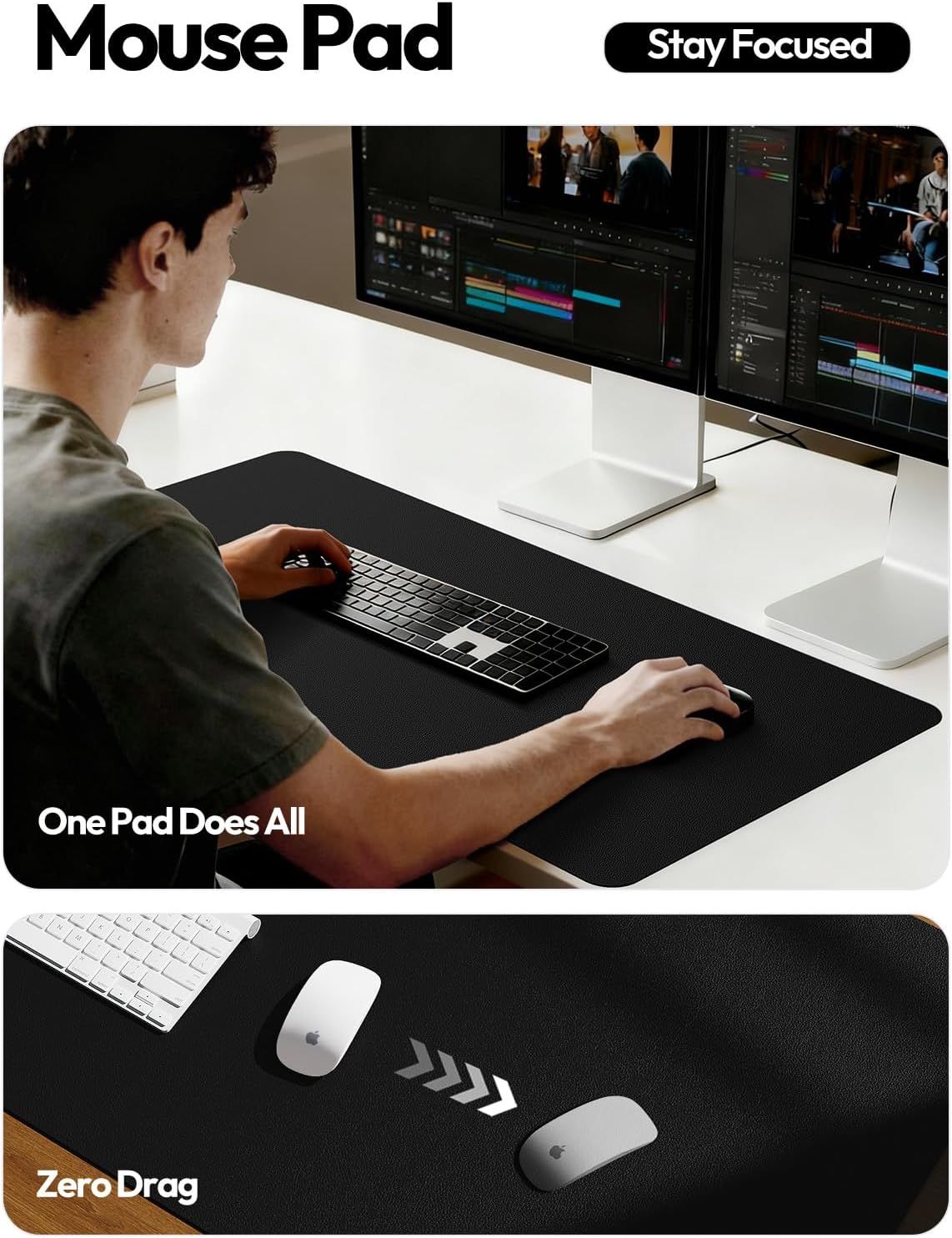 Demonstrates the mouse pad's versatility with a large surface that accommodates both keyboard and mouse, plus its smooth, low-friction surface for precise mouse control.
