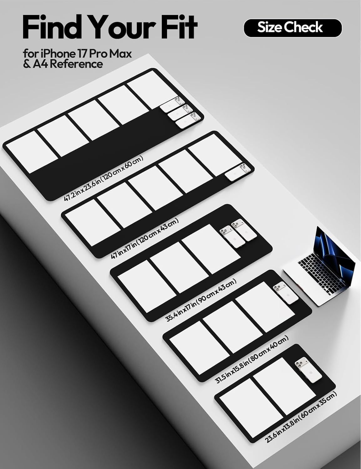 Helps shoppers determine which product size fits their needs by providing a visual size comparison chart with exact dimensions and a reference object (iPhone 17 Pro Max and A4 paper).