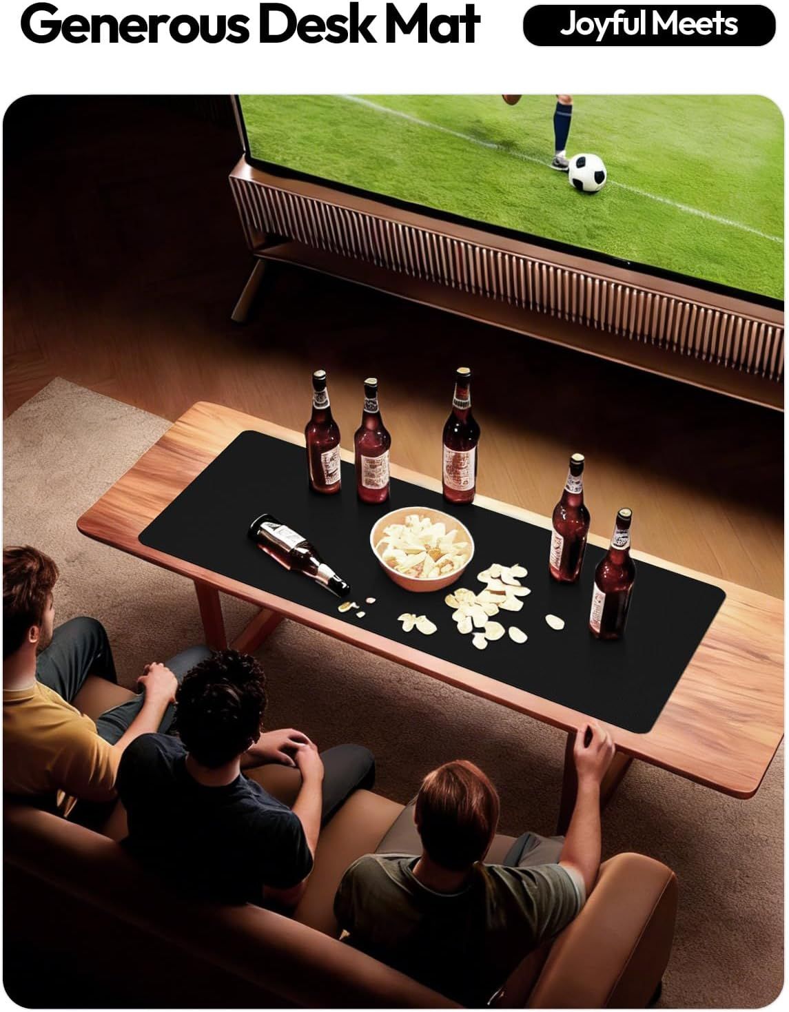 Demonstrates the desk mat in a real-world social setting, showing friends gathered around watching sports and enjoying snacks, positioning the product as ideal for entertainment and social occasions.