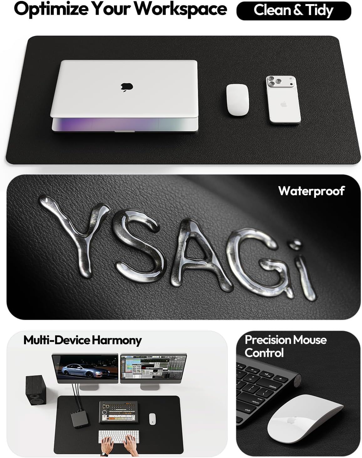 Communicates multiple distinct benefits of the desk mat through visually segmented panels: workspace optimization and cleanliness, waterproof protection, multi-device workspace harmony, and…