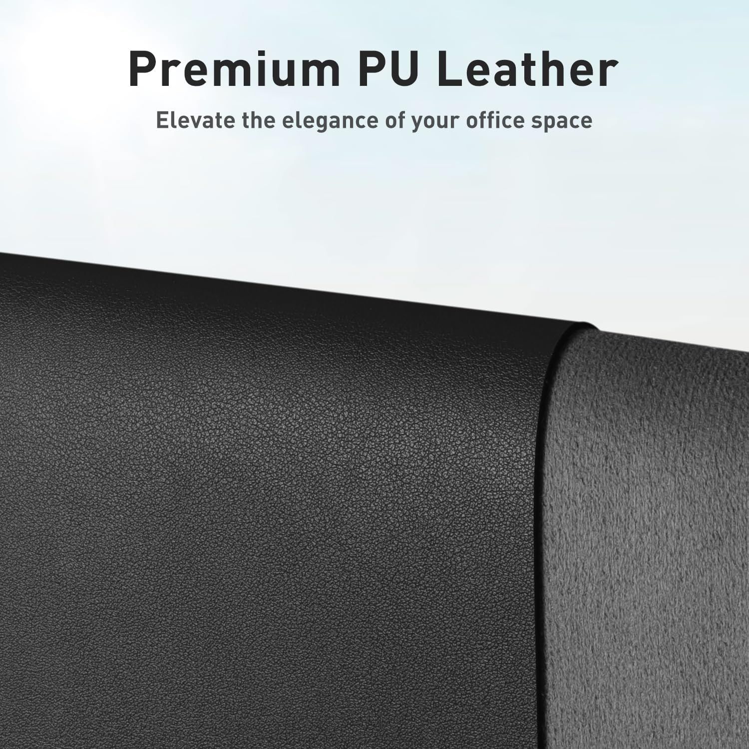 Highlights the premium PU leather material to communicate elegance and quality, reassuring shoppers that the product will enhance their office aesthetic.
