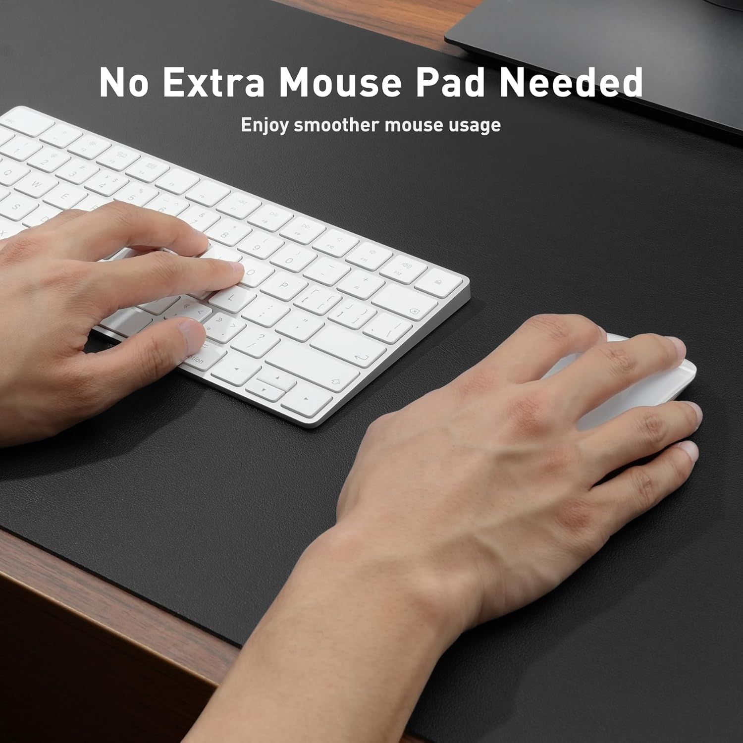 Communicates that the desk mat provides a smooth, integrated surface for mouse usage, eliminating the need for a separate mouse pad and offering convenience and functionality.