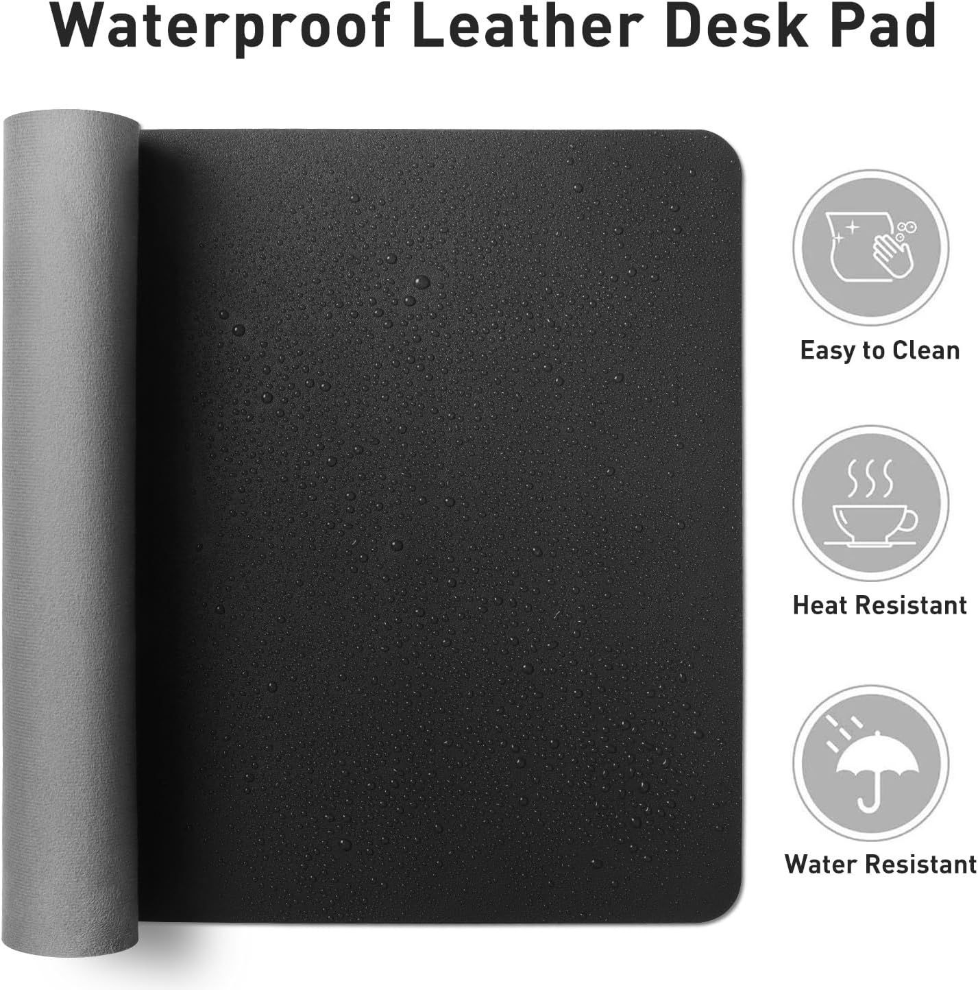 Communicates three key protective and maintenance benefits of the desk pad to reassure shoppers it's durable, practical, and low-maintenance for everyday office use.