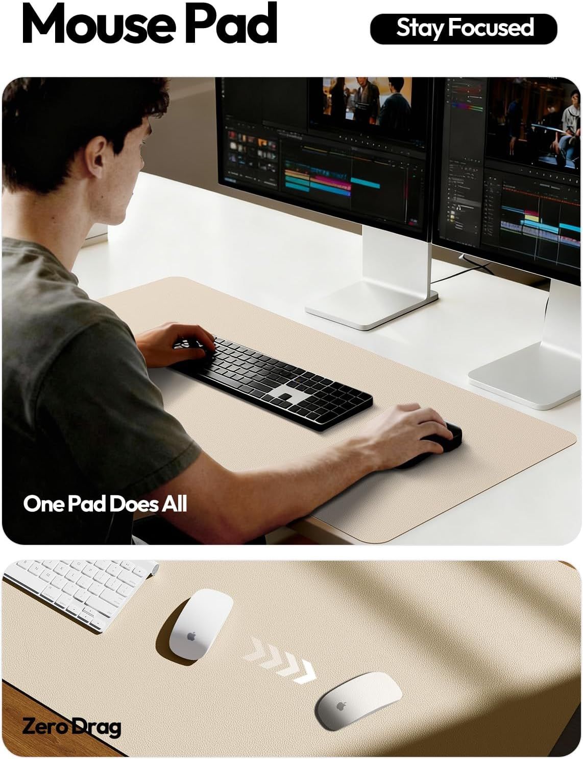 Demonstrates the mouse pad's versatility by showing it provides complete desk coverage for keyboard and mouse while enabling smooth, drag-free mouse movement across the surface.
