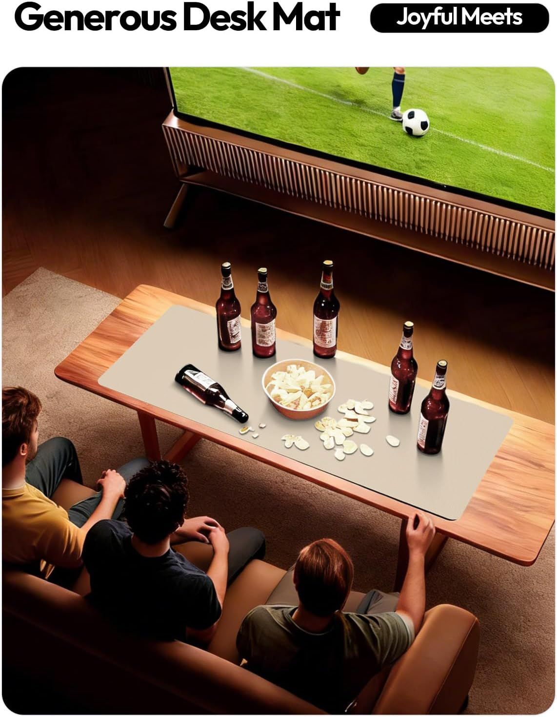 Demonstrates the desk mat in a real-world social setting, showing how it creates a generous surface for group activities like watching sports and sharing snacks and drinks.