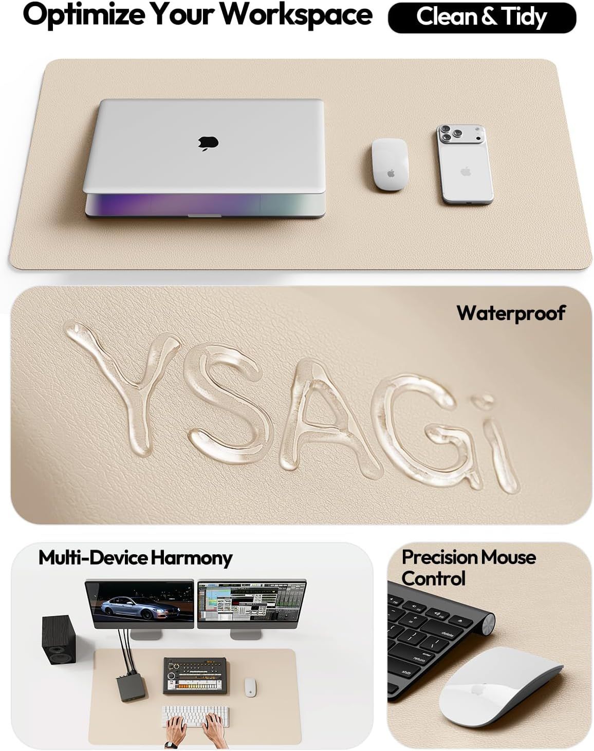 This image showcases multiple distinct benefits of the desk mat product across four visually segmented panels: workspace optimization and tidiness, waterproof protection, multi-device setup…