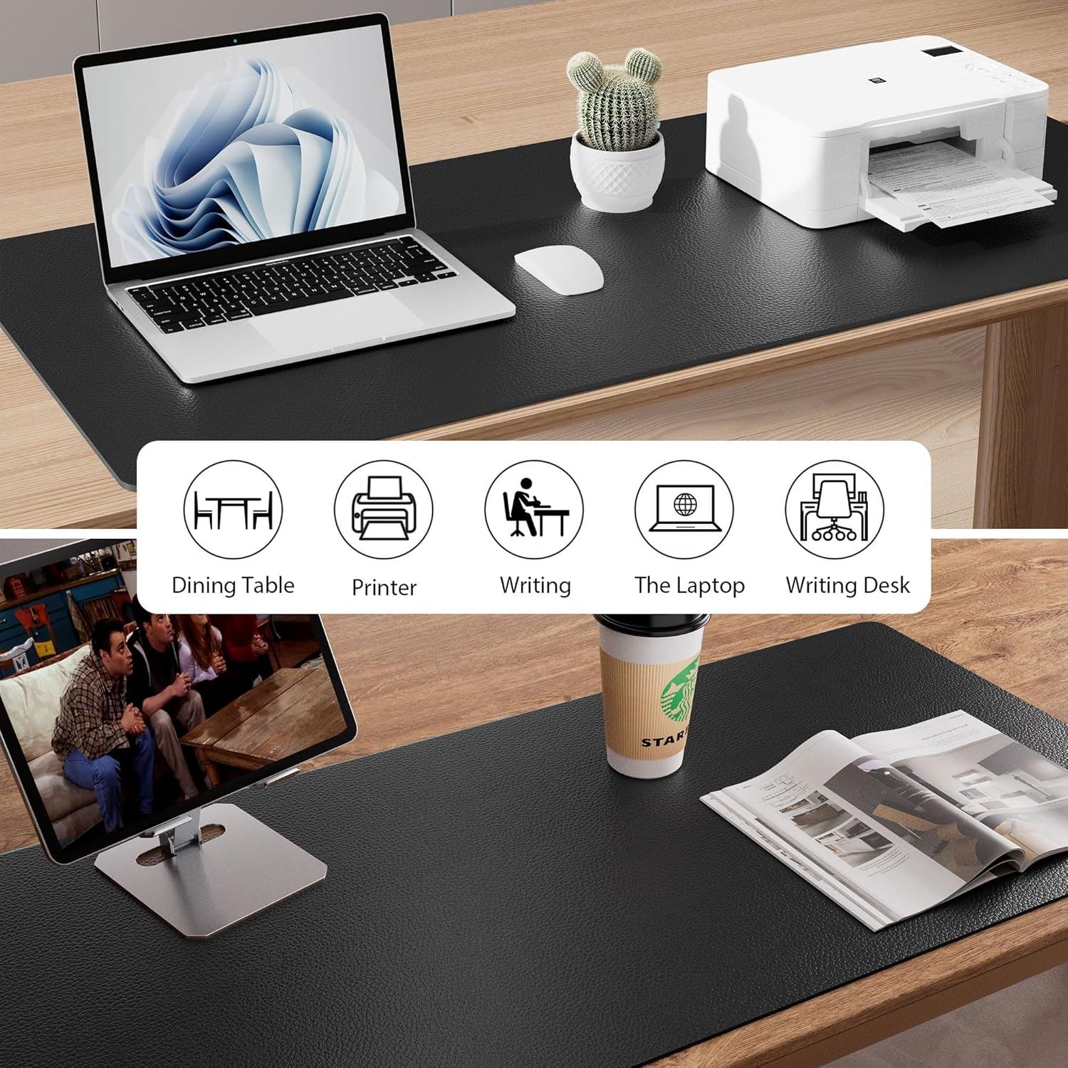 Demonstrates the product's versatility by showing it can be used in multiple settings including dining tables, with printers, for writing, with laptops, and on writing desks.