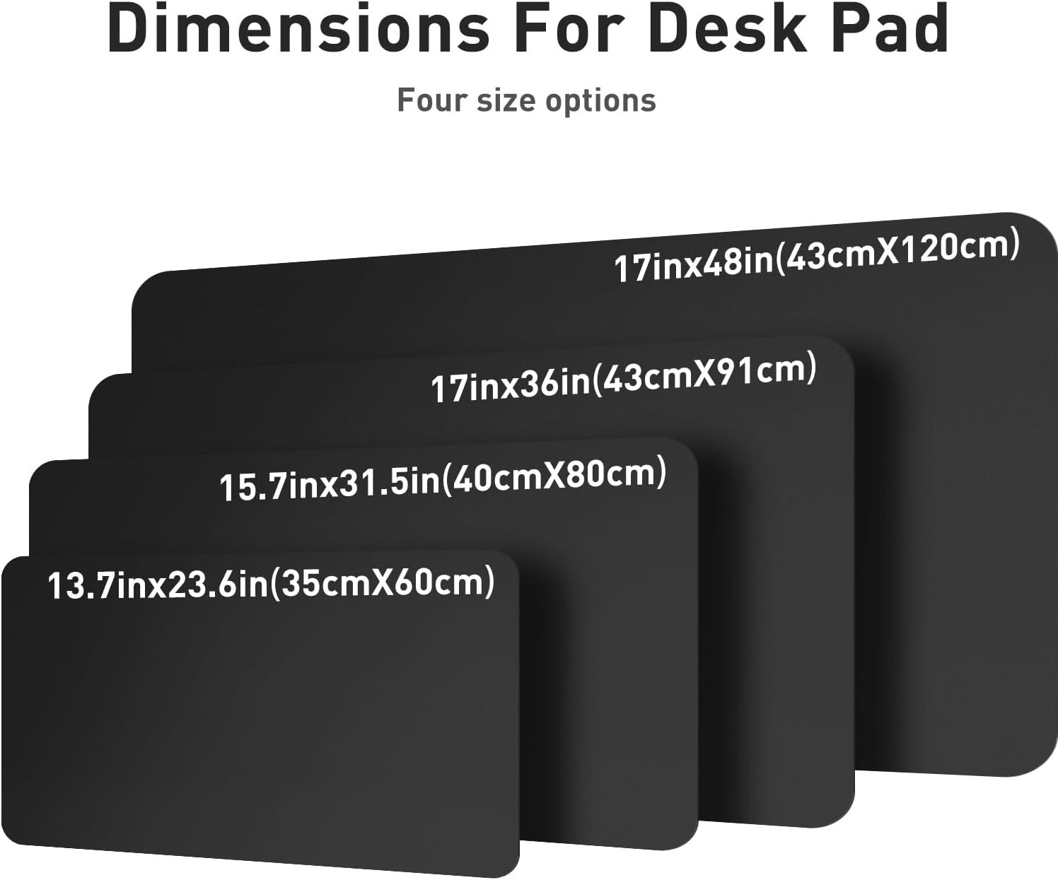 Shows shoppers the exact physical dimensions of four available desk pad sizes to help them choose the right fit for their workspace. Displays the brand's product lineup showing four size variants…