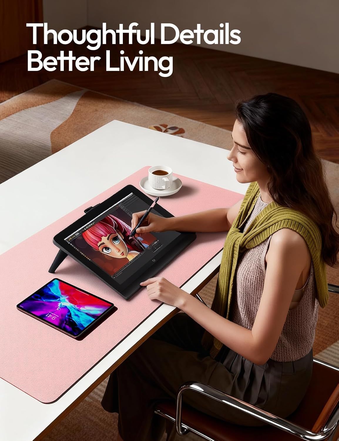 Demonstrates the product in a real-world creative environment to help shoppers visualize how it fits into their lifestyle and daily routine.