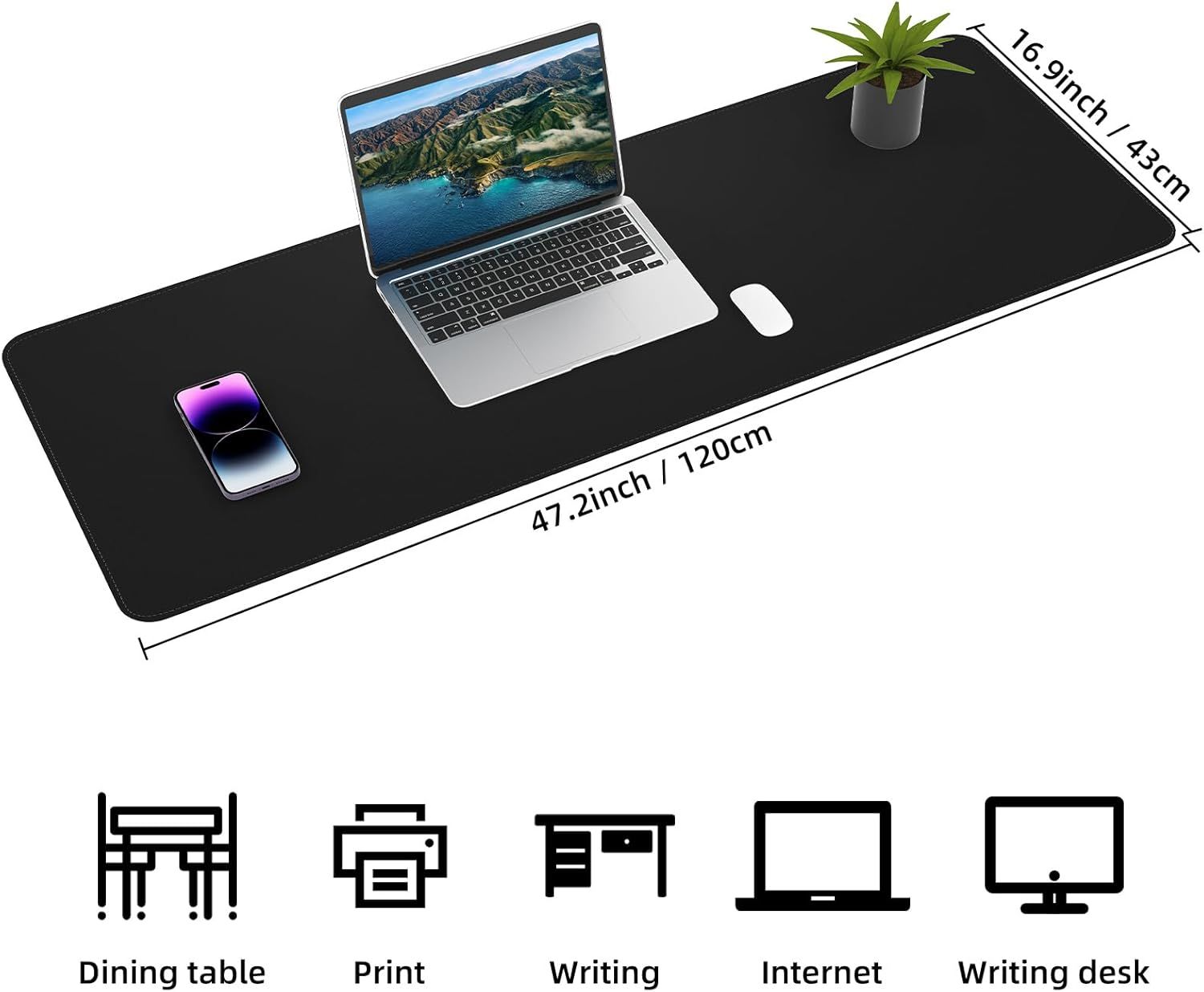 Communicates the exact physical dimensions of the desk mat (47.2 x 16.9 inches / 120 x 43cm) to help shoppers understand the size and coverage area for their workspace. Demonstrates the versatility…
