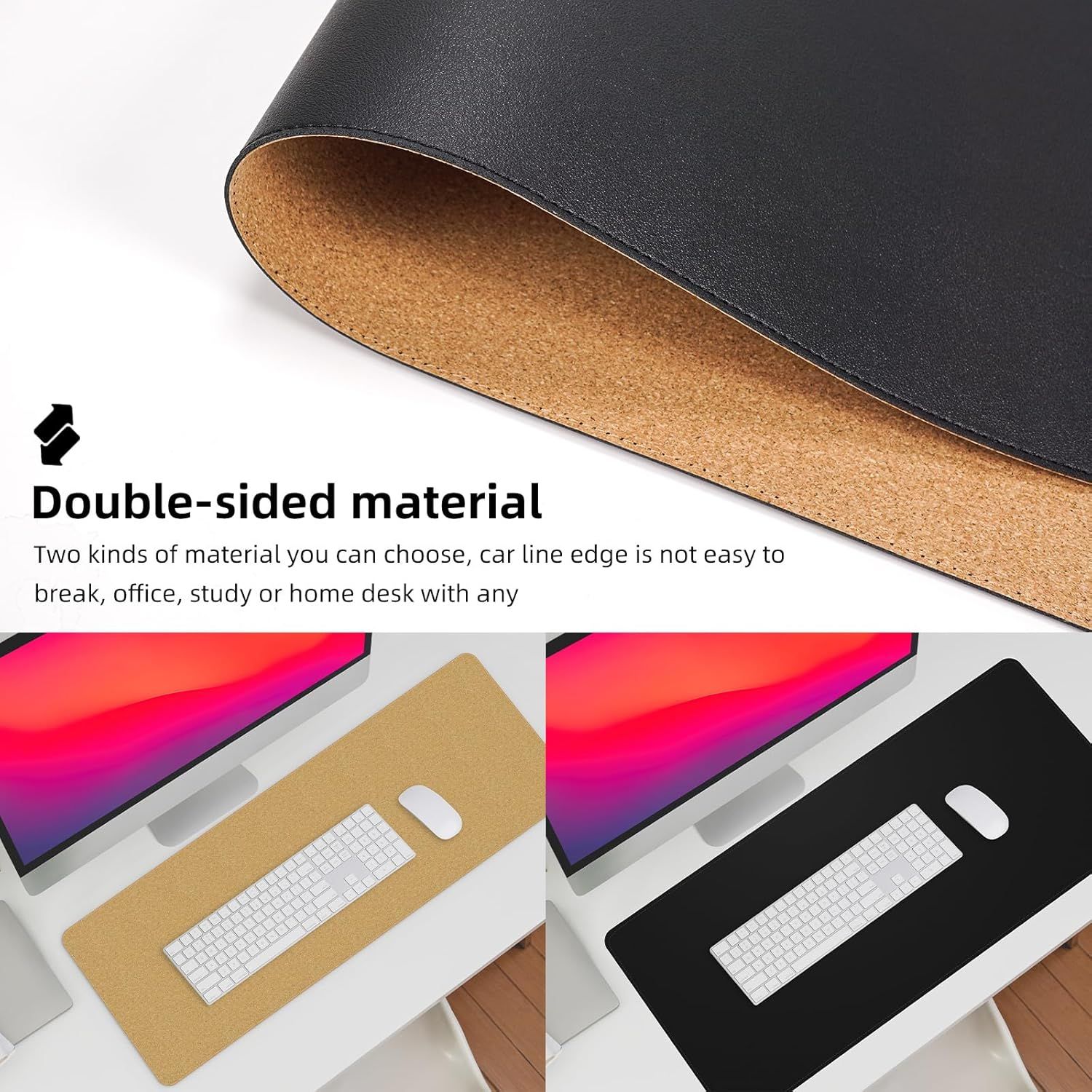 Highlights the product's double-sided material construction, emphasizing versatility and durability for use in office, study, or home desk settings.