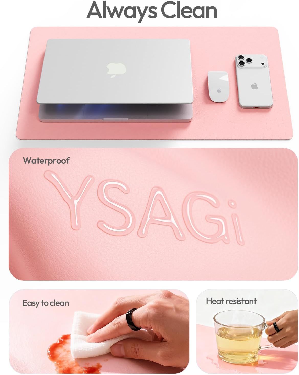 Communicates multiple key benefits of the desk mat in a segmented layout, showing shoppers that the product is easy to maintain, waterproof, cleanable, and heat resistant for everyday use.
