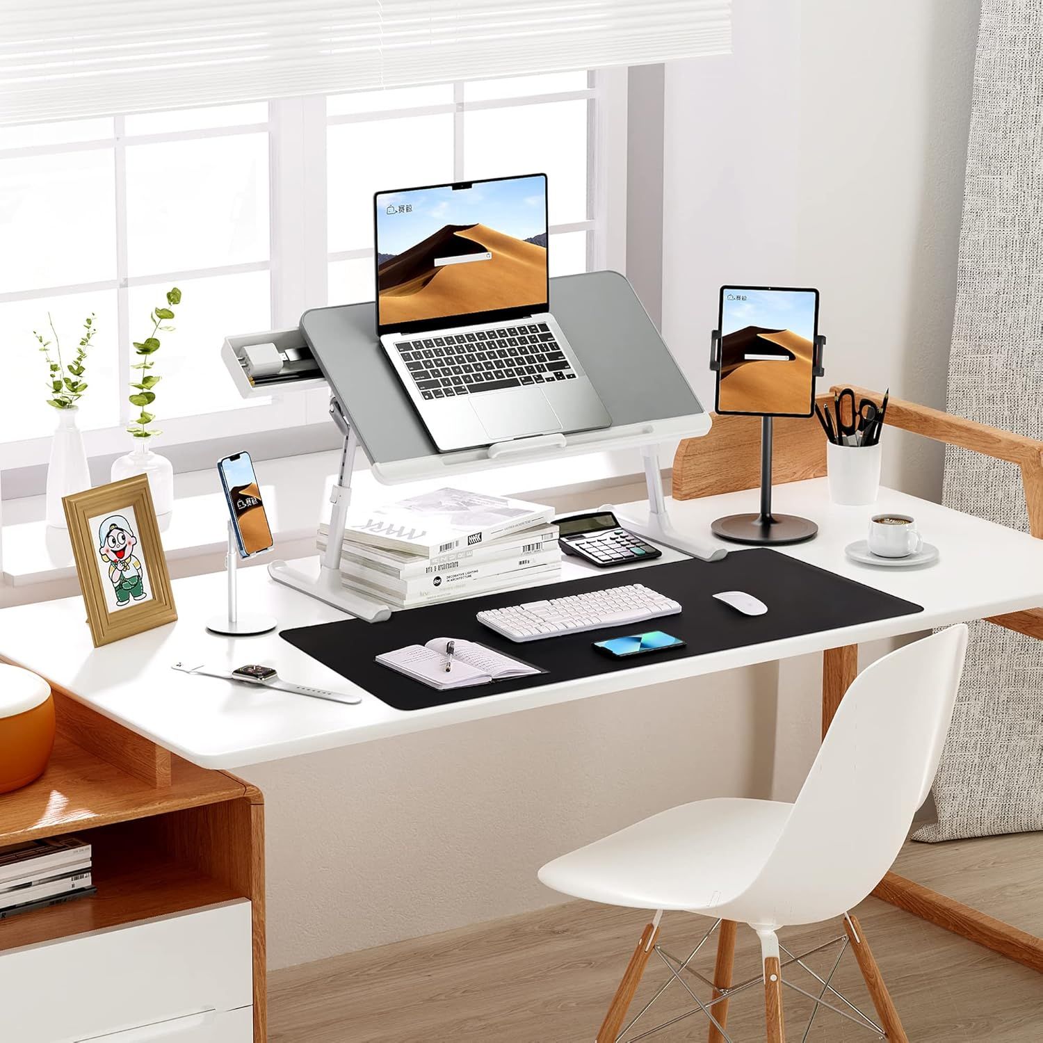 Demonstrates the product in a real-world home office environment to help shoppers visualize how it fits into their workspace and daily routine.