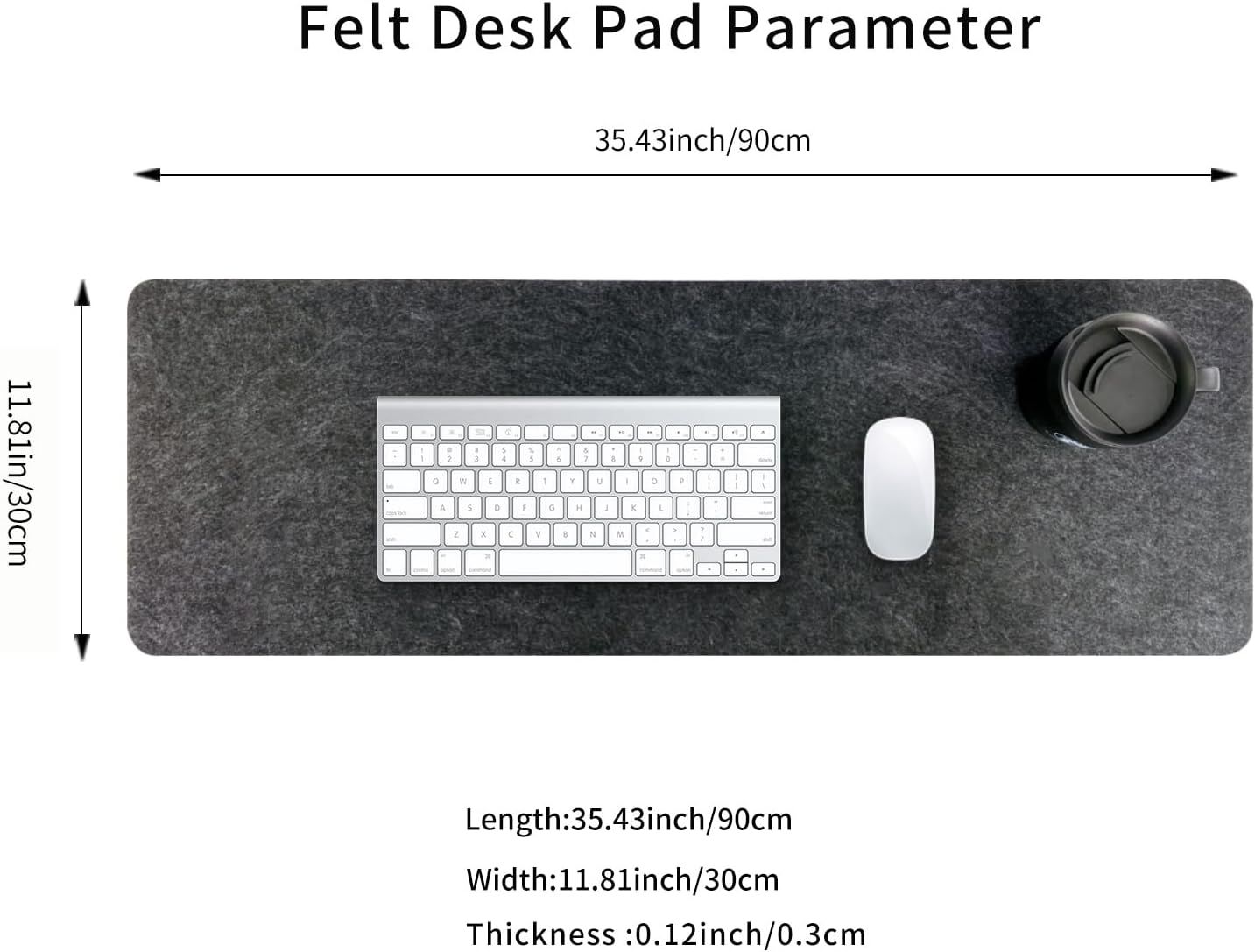 Communicates the exact physical dimensions of the felt desk pad (length, width, thickness) with arrows and measurements to help shoppers understand if it will fit their workspace.