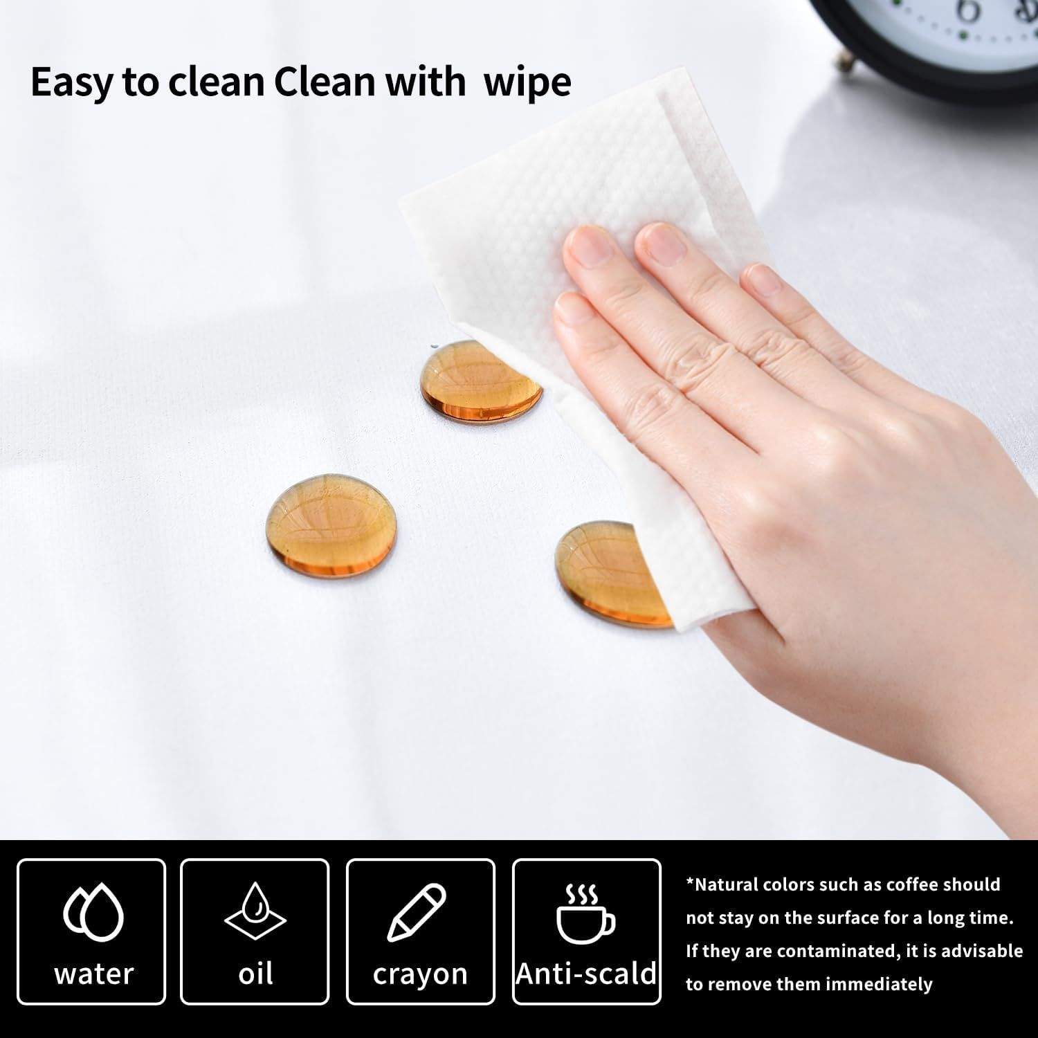 Demonstrates that the product surface is easy to clean by simply wiping, reassuring shoppers about low-maintenance care and stain resistance.