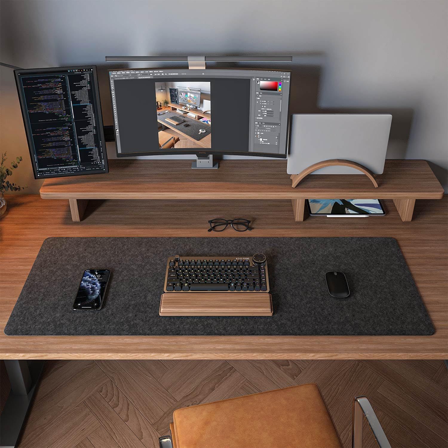 Showcases the product (desk mat/pad) in a real-world home office setting to help shoppers visualize how it fits into their workspace and lifestyle.